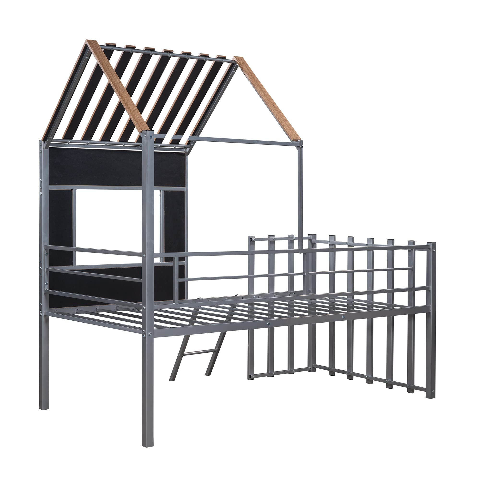**Twin Size Kids Low Loft Bed with Roof & Window - Sturdy Metal Frame, Guardrail & Ladder - Silver | Perfect for Small Bedrooms, Playrooms & Sleepovers**