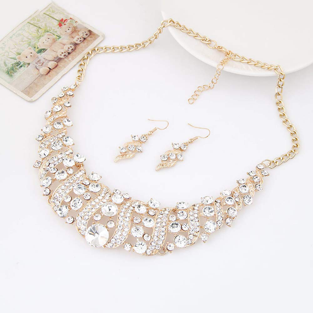 Fashion Jewelry Set for Women - Rhinestone Spiral Bib Necklace & Hook Earrings - Elegant Statement Party Accessories - Perfect for Evening Events, Weddings, and Special Occasions