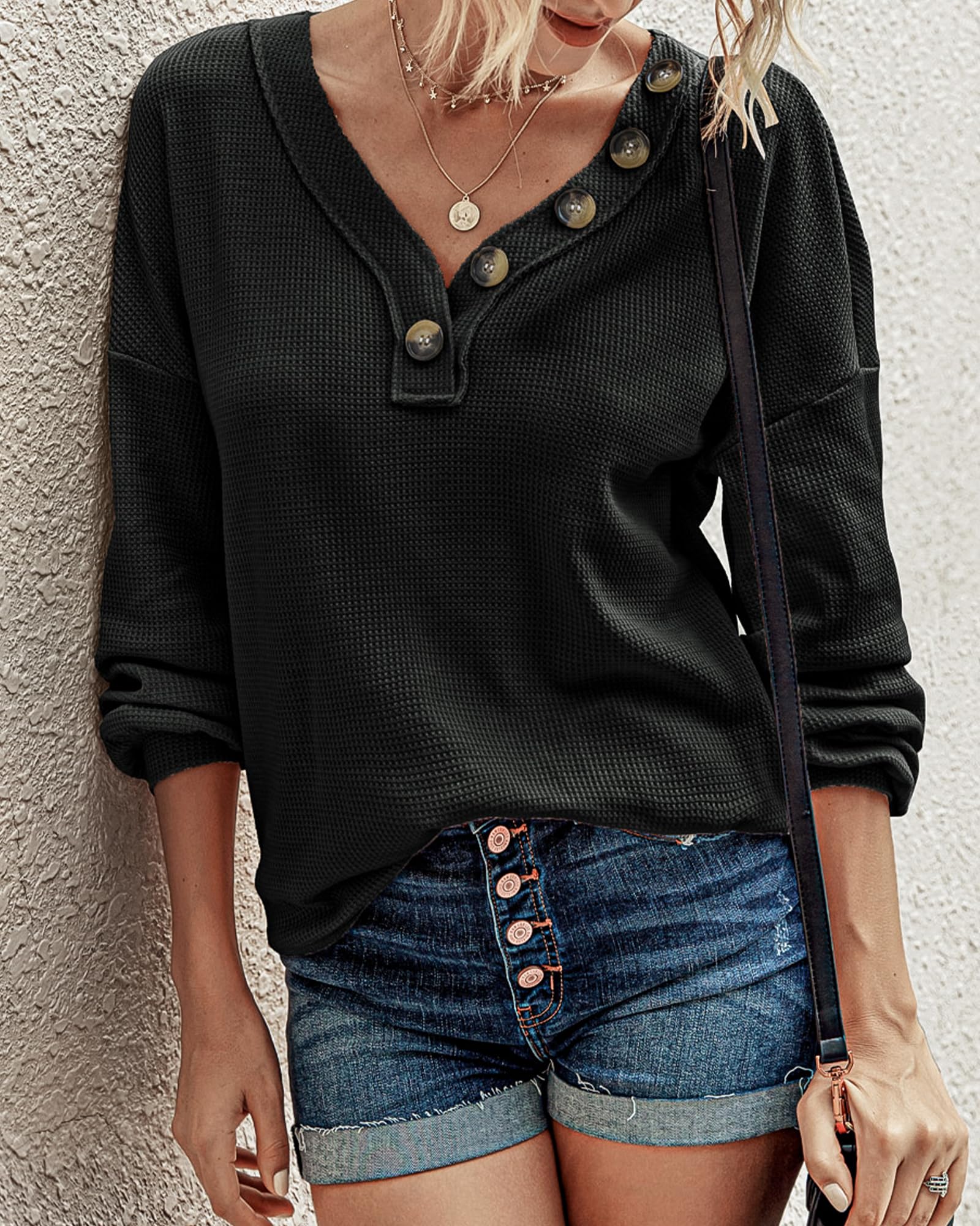 BTFBM Women's Long Sleeve V-Neck Blouse - 2025 Fall Fashion Loose Casual Pullover Top with Decorative Buttons & Lightweight Waffle Knit Fabric | Perfect for Office Wear, Autumn Layering and Weekend Outfits