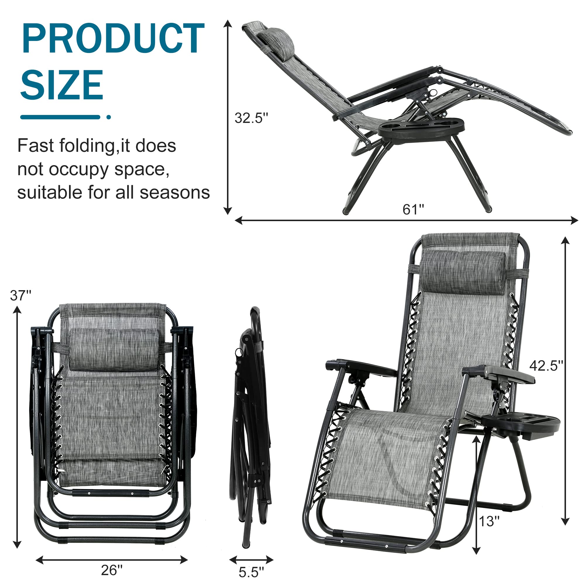 Zero Gravity Chair Set of 2 - Adjustable Folding Outdoor Lounge Chairs with Removable Pillow & Cup Holder | Portable Mesh Recliners for Patio, Beach, Camping, Poolside & Backyard Relaxation (Grey)