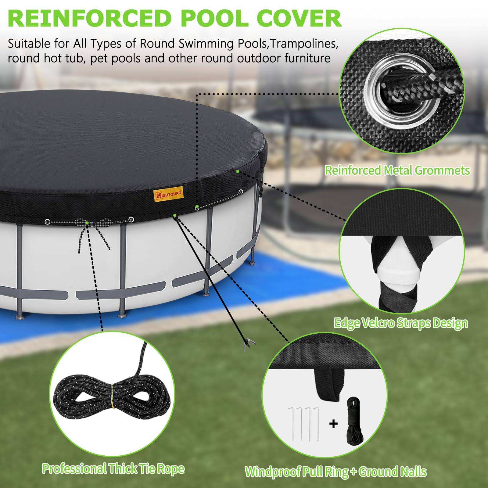 18Ft Round Pool Cover for Above Ground Swimming Pools - Heavy Duty Waterproof & Windproof with Ground Nails & Ropes - Dustproof Winter Protection - Perfect for Seasonal Pool Maintenance and Winterization (Black)