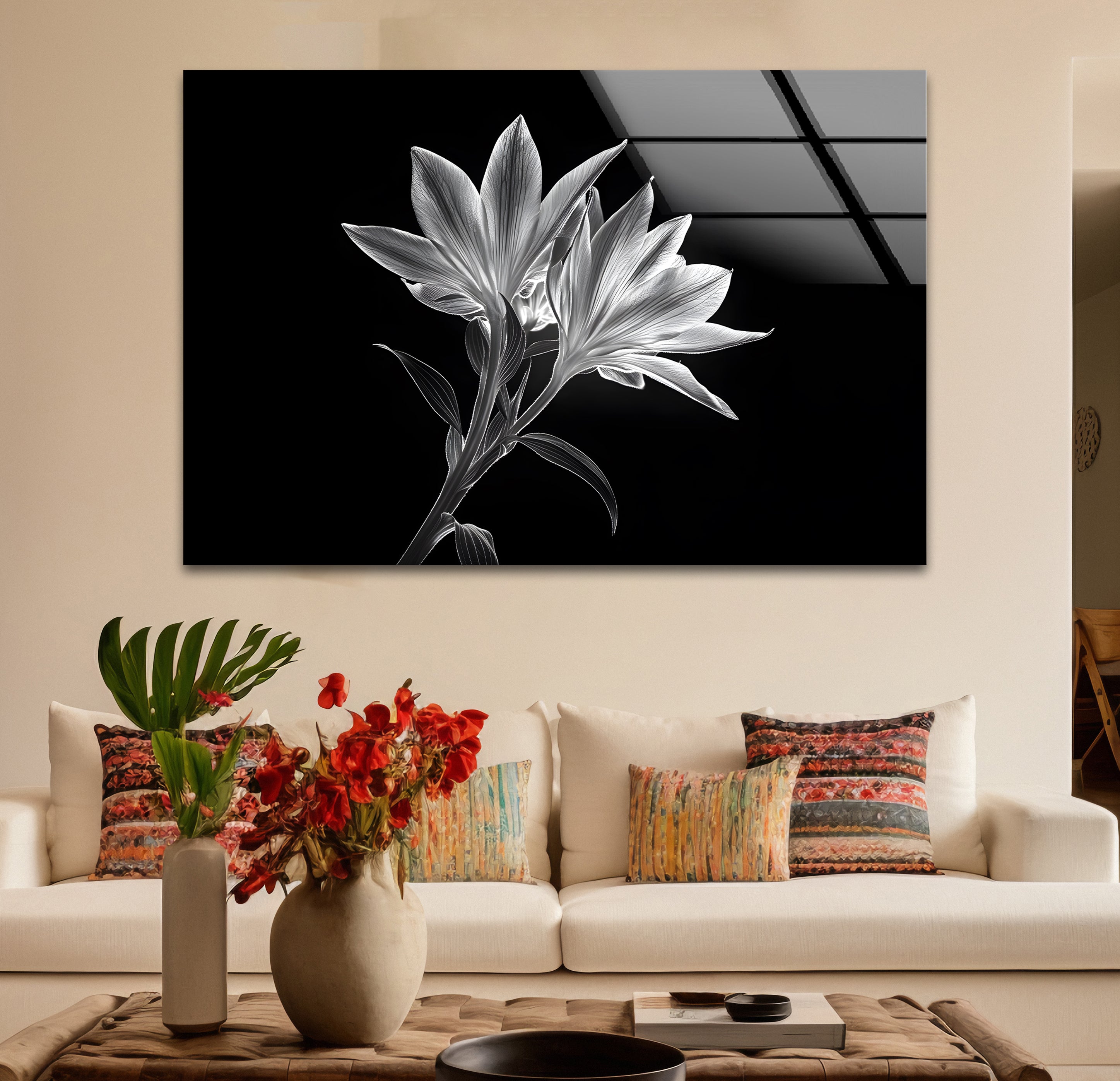 Black and White Xray Lilies Glass Wall Art - Elegant Floral Decor for Living Room, Bedroom, or Office - Perfect for Home and Office Decor
