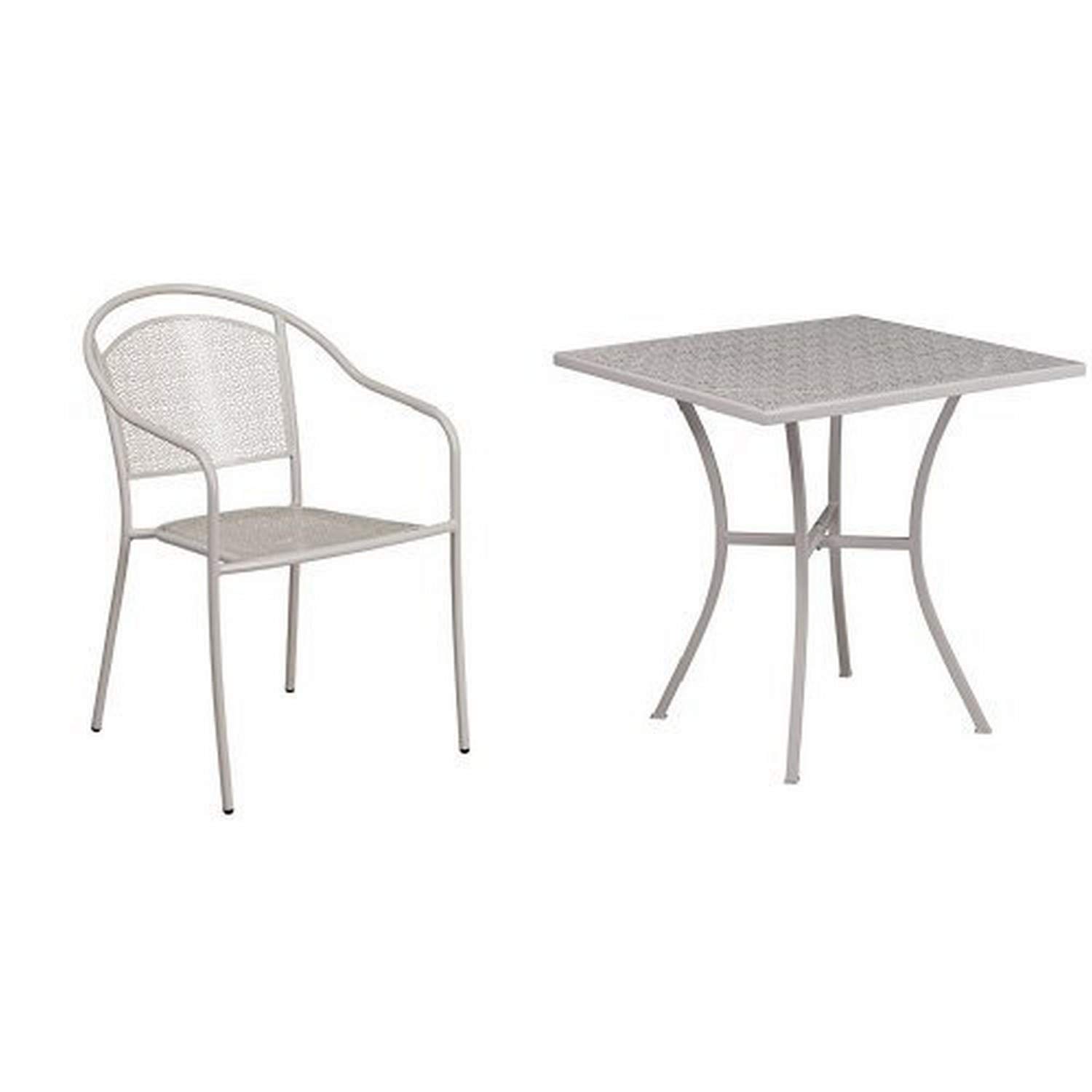 Flash Furniture 28'' Square Light Gray Steel Patio Table Set with 2 Round Back Chairs - Indoor/Outdoor Dining Set for Backyard, Garden, Poolside & Patio Use