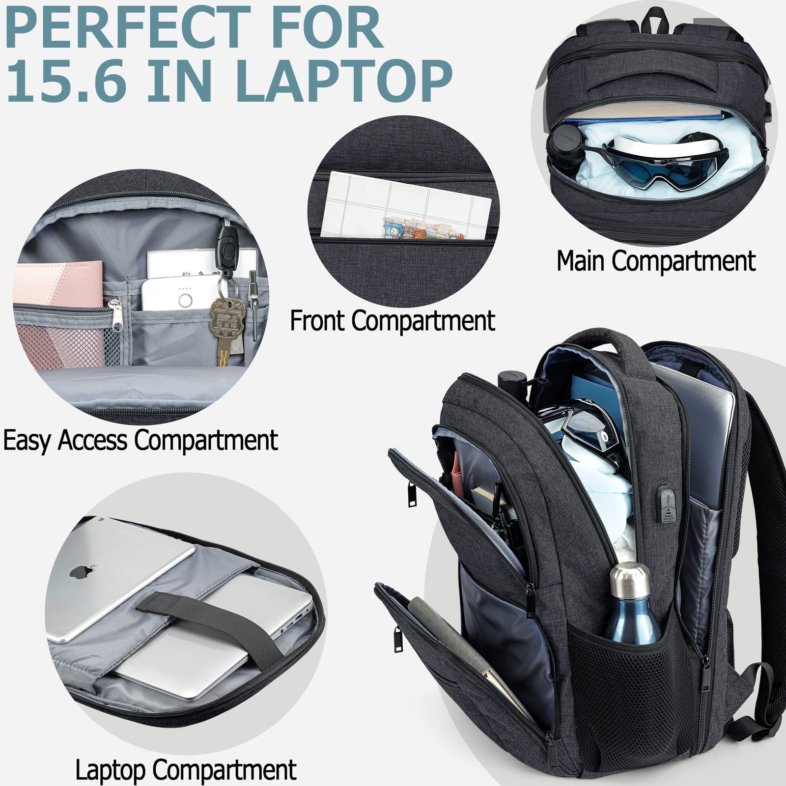 Waterproof Anti-Theft Travel Backpack with USB Charging Port - TSA Approved Business Laptop Backpack for Men & Women, Fits 15.6 Inch Notebook - Perfect for School, Office & Commuting (Black)