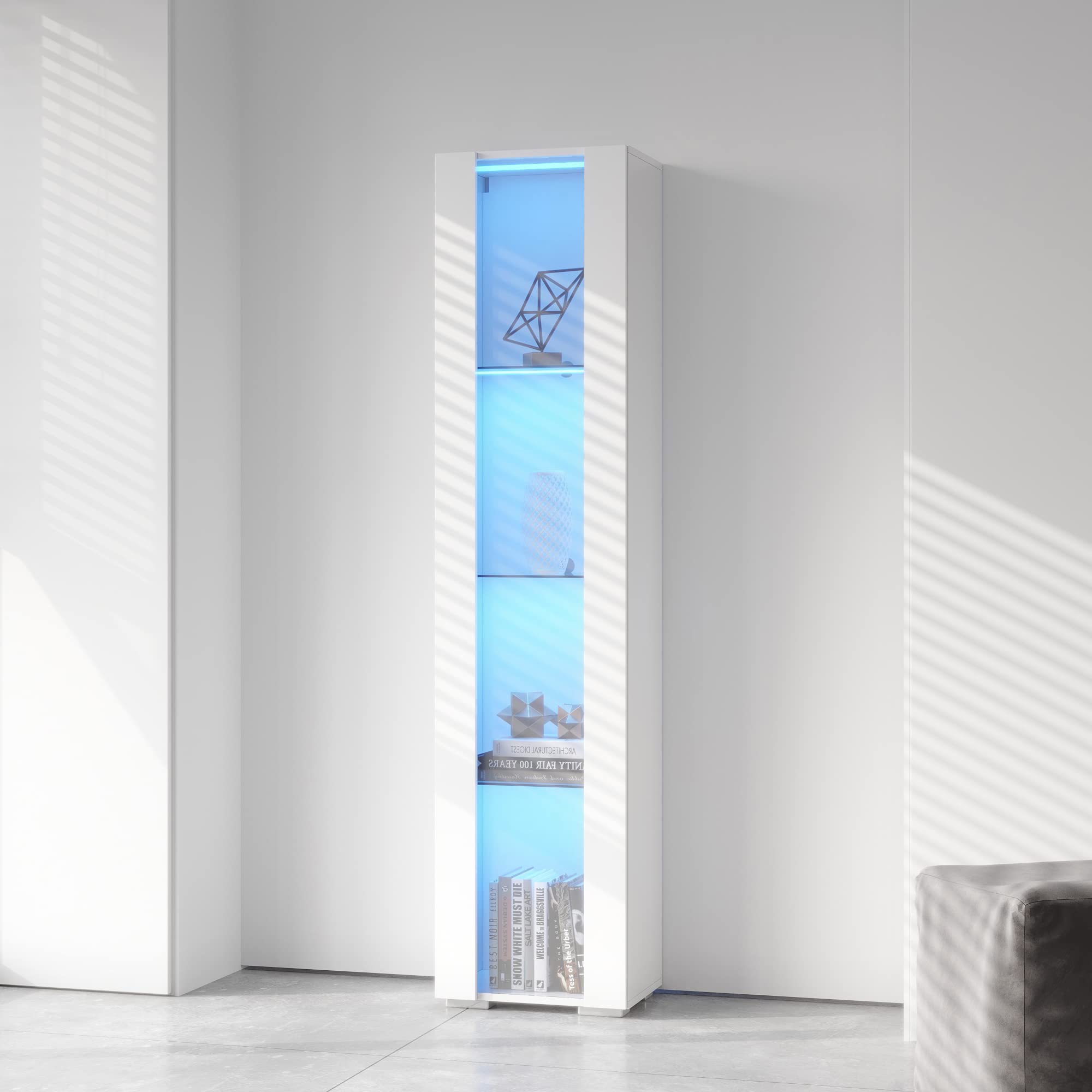 Bellemave White High Gloss LED Bookcase - Narrow Storage Cabinet with Adjustable Shelves & Cupboard Door - Freestanding Tall Cabinet for Living Room, Hallway, Office - Perfect for Home Organization & Display Decor