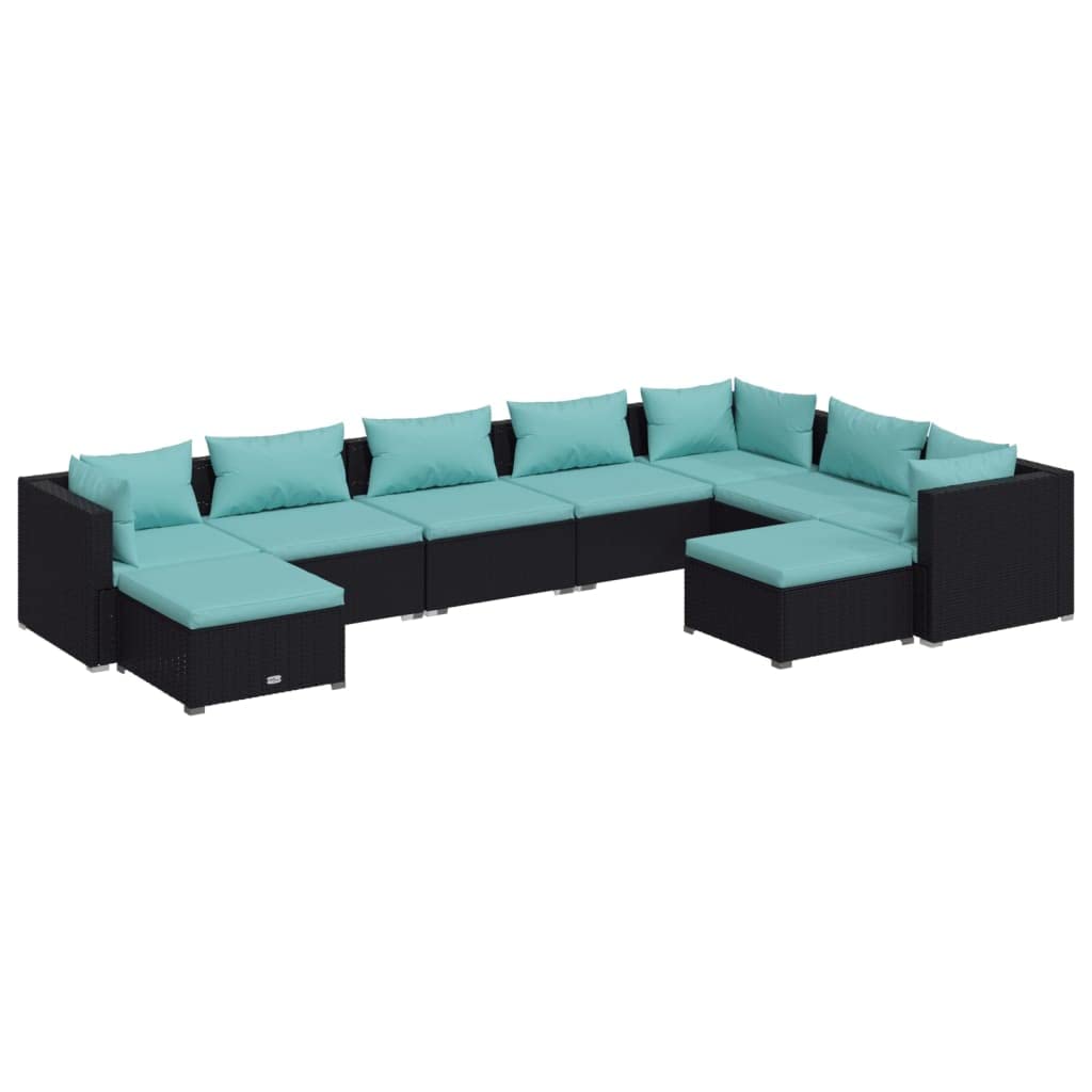 Premium 9-Piece Outdoor Patio Furniture Set - Black Poly Rattan Sectional Sofa with Water-Blue Cushions, Weather-Resistant Modular Lounge Set for Garden, Backyard, Poolside or Terrace Relaxation