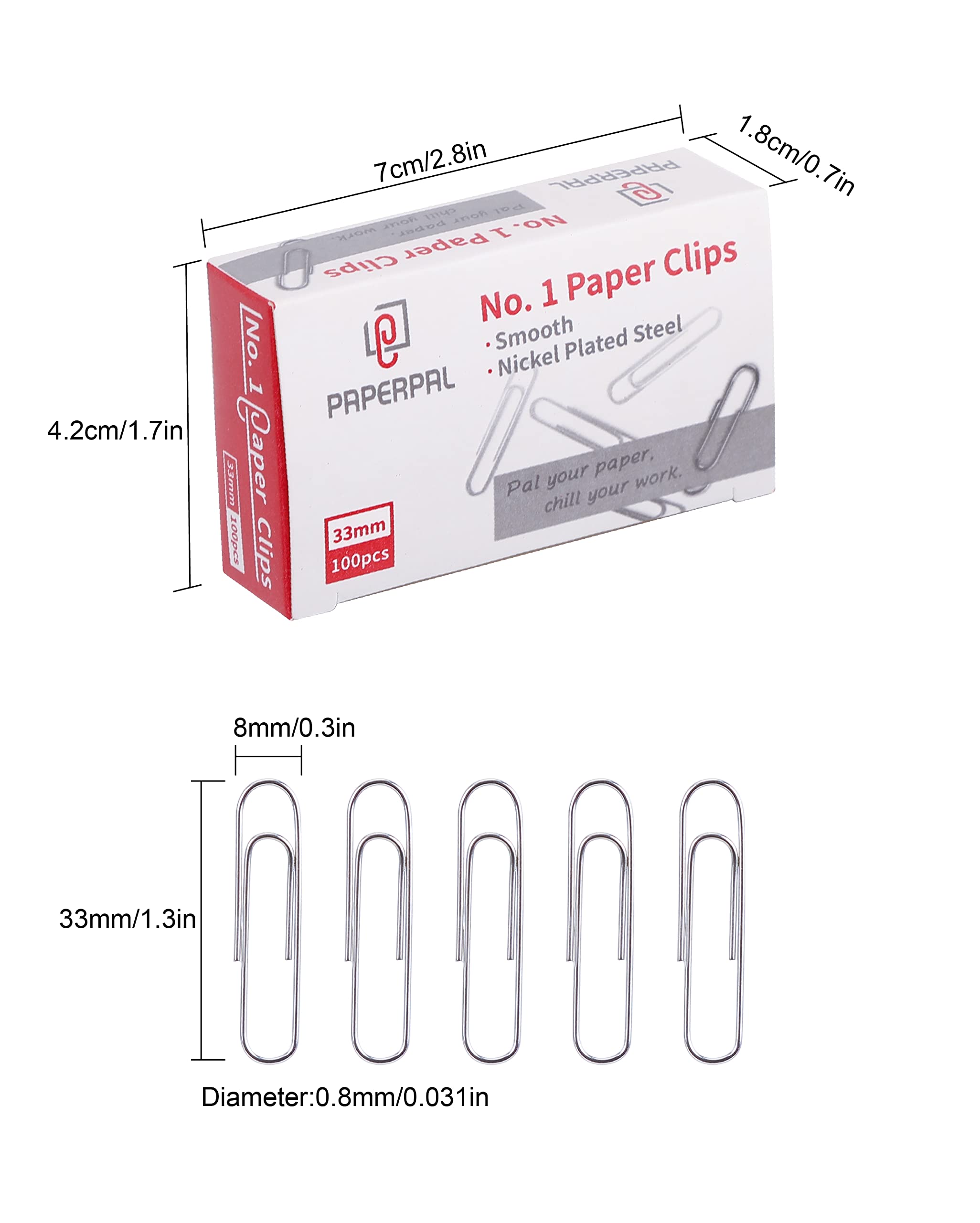 PAPERPAL #1 Smooth Paper Clips, 600 Medium Silver Paper Clips (6 Boxes of 100 Each) - No.1 Standard Size 1-2/7