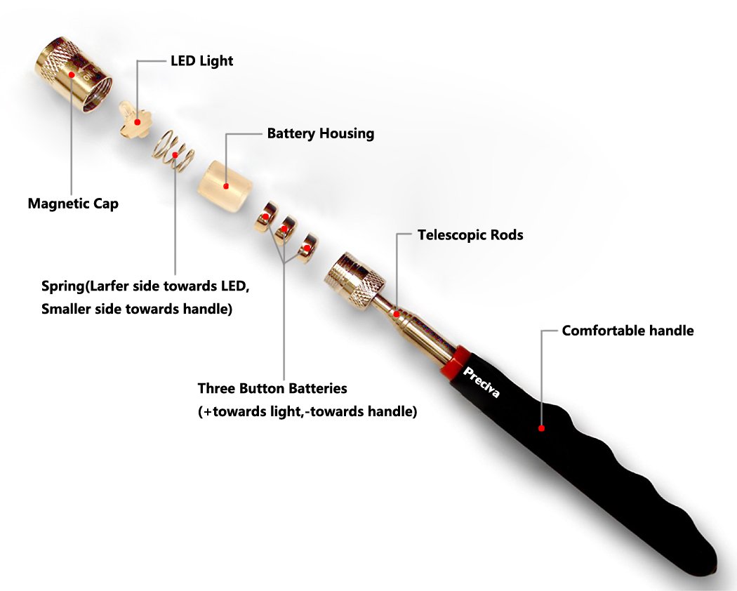 Preciva Magnetic Telescoping Pick Up Tool with LED Flashlight - 19.5 to 68cm Extendable Magnet Stick for Metal Retrieval (1 Pack) - Perfect for Mechanics, DIY Projects & Hard-to-Reach Areas