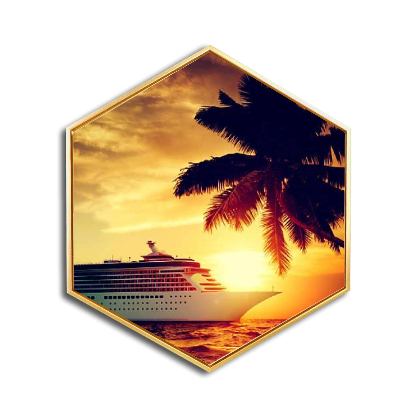 Premium Canvas Wall Art - Yacht & Cruise Ship Ocean Scenic Painting with Golden Frame | Modern Minimalist Giclee Print | Hexagon Wall Decor for Home, Office, Living Room | Ready to Hang | Perfect for Coastal, Nautical & Beach House Themes