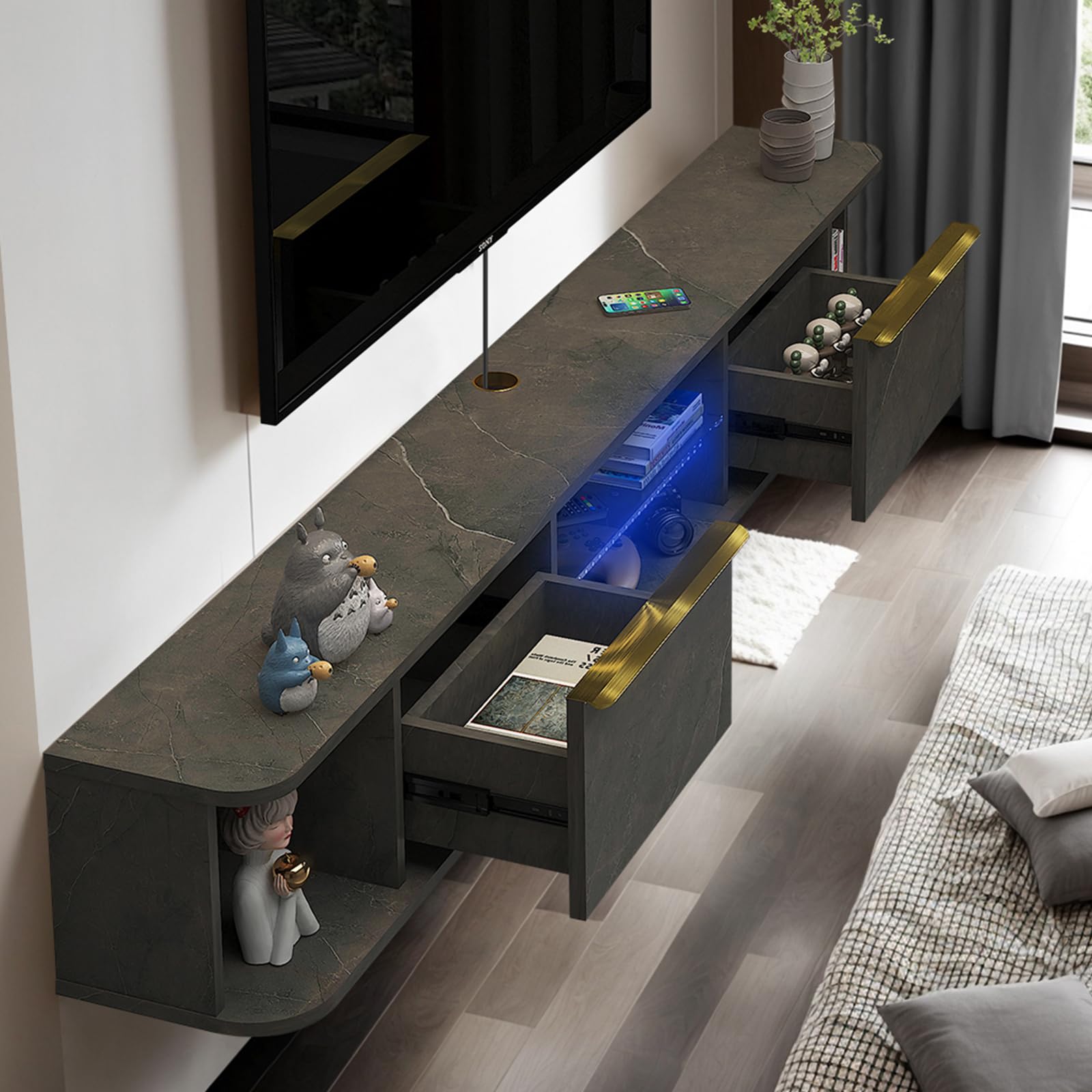 PMNIANHUA 80 Inch Floating TV Stand with LED Lights - Wall Mounted TV Console with 2 Drawers, 78