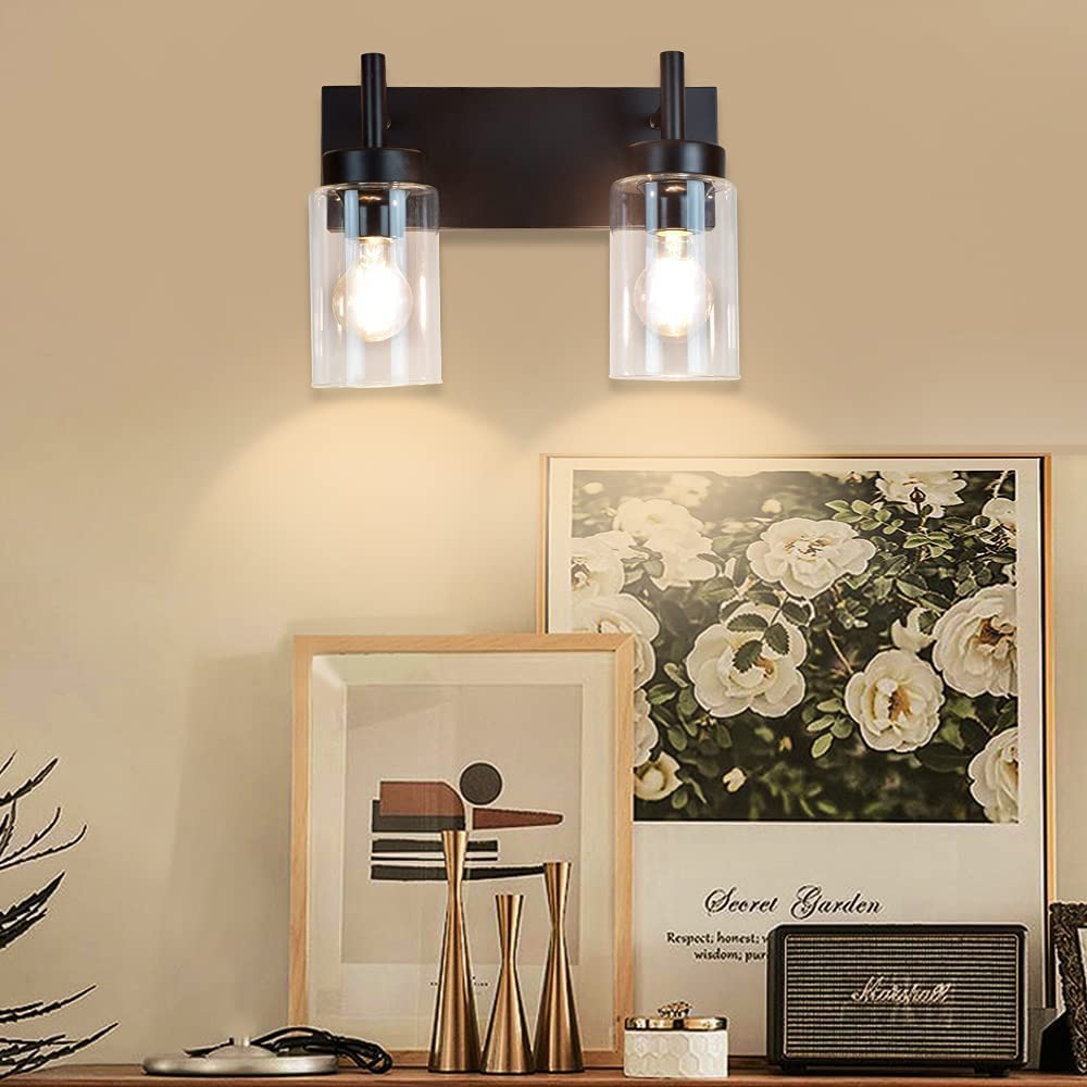 Rustic Vanity Wall Mount Lamp - 2 Light Metal Wall Sconce with Glass Shade for Bathroom, Bedroom & Hallway Lighting | Perfect for Makeup Mirror, Powder Room & Laundry Room Décor