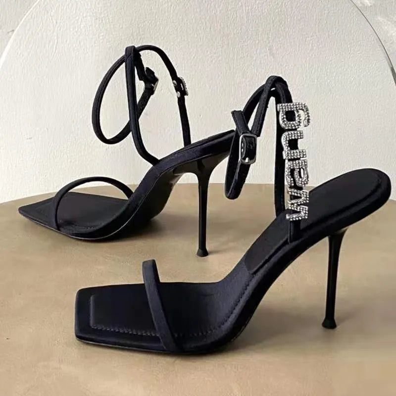 Sexy Black High Heel Sandals for Women - One Strap Buckle Summer Diamond Letter Square Heels - Perfect for Parties, Weddings & Date Nights