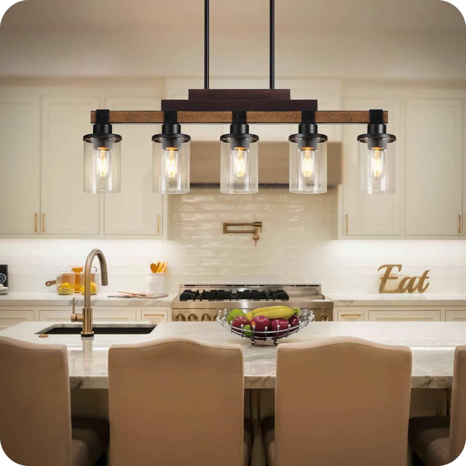 5-Light Kitchen Island Pendant Lighting Fixture - Heavy Duty Modern Dining Room Chandelier with Glass Shades, E26 Base - Perfect for Kitchen, Dining Room, Bar Counter & Breakfast Nook Lighting
