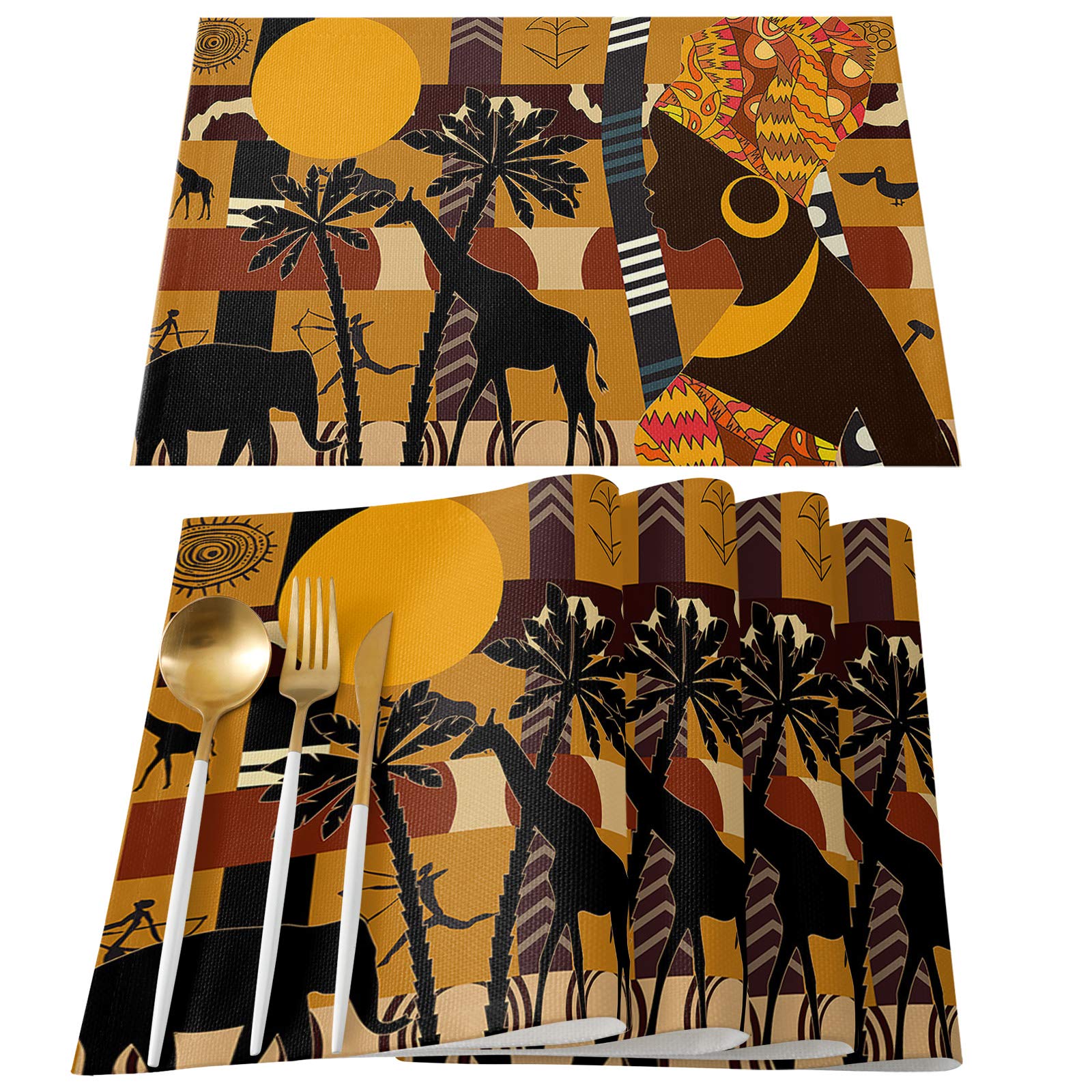 Set of 4 Black Women Placemats - African Animal Giraffe Elephant Design, Washable Dining Table Mats for Kitchen & Dinner Room Decor, Perfect for Family Gatherings & Special Occasions