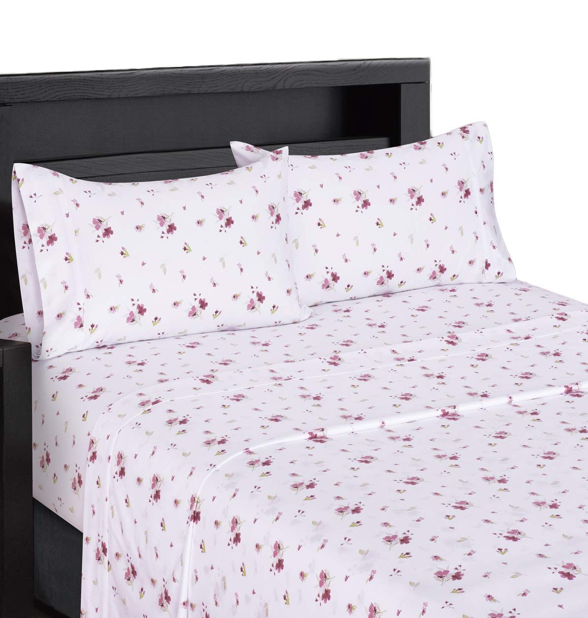 Zahra 300-Thread-Count 100% Cotton 4-Piece King Size Bed Sheet Set - White with Pink, Burgundy & Green Floral Design | Ultra Soft Luxury Bedding for Master Bedroom, Guest Room & Hotel Use