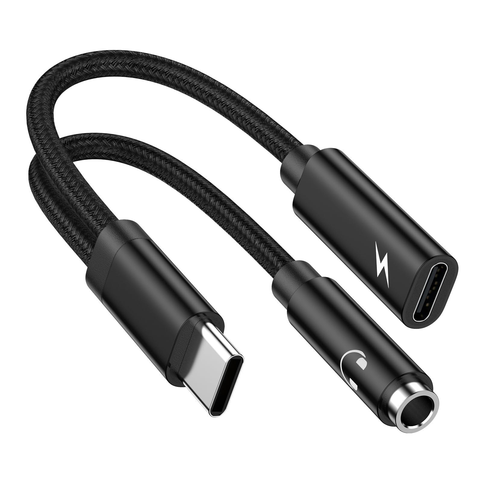 2-in-1 USB C to 3.5mm Headphone Jack & 60W PD Fast Charger Adapter for Samsung Galaxy S23/S22/S21/S24/iPhone 15/Google Pixel 8a/7 - Dual Port Audio & Charging Dongle for Travel, Gaming & Work