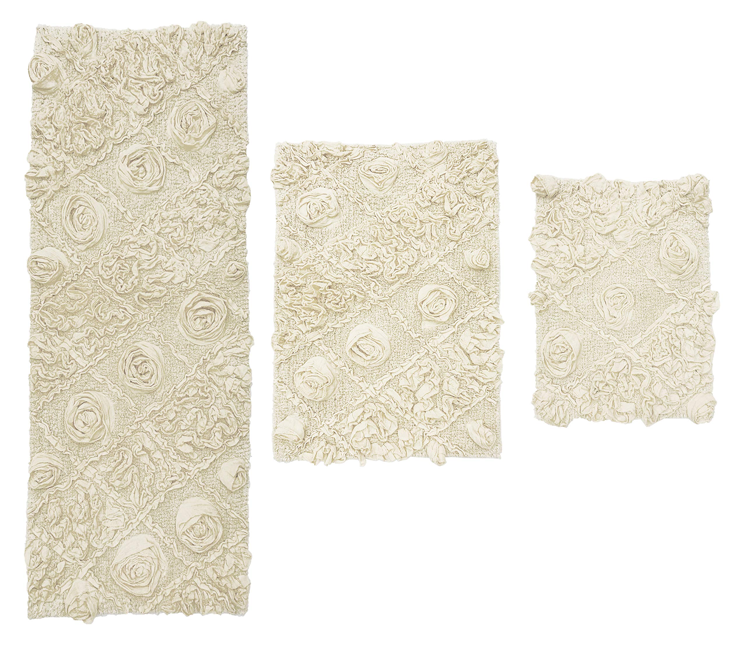 Home Weavers Modesto 100% Cotton Bath Rug Set - Ultra Soft & Absorbent Non-Slip Bathroom Mats, Washable 3-Piece Set with Runner (Ivory) - Perfect for Bathroom, Kitchen & Entryway Floor Protection