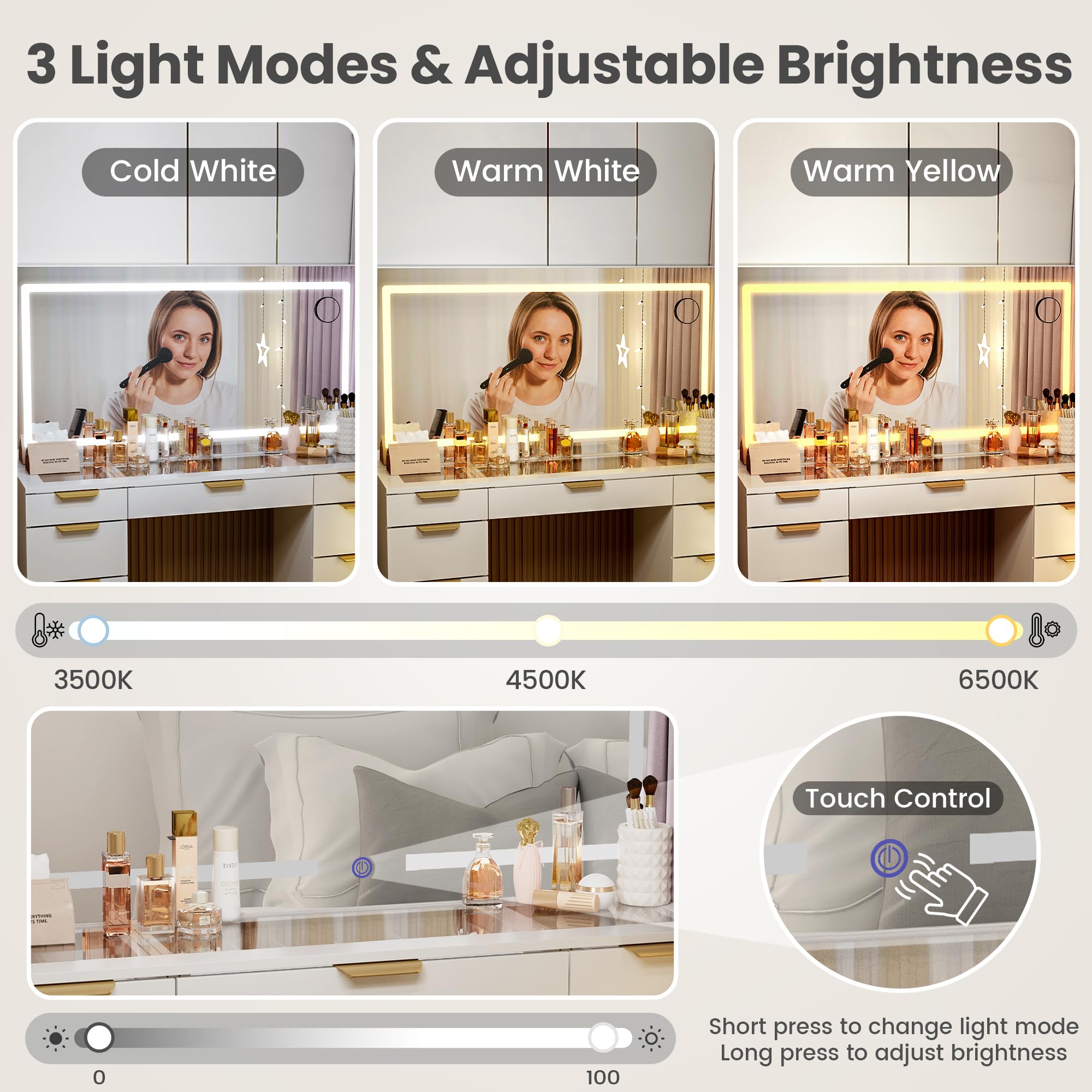 Pamapic 11-Drawer Vanity Desk with Golden Handles - Upgraded Silent Slides, LED Mirror with 3 Lighting Modes, Glass Top Makeup Vanity Set with Chair & Portable Mirror, USB Charging Station - Perfect for Bedroom, Dressing Room & Home Beauty Salon