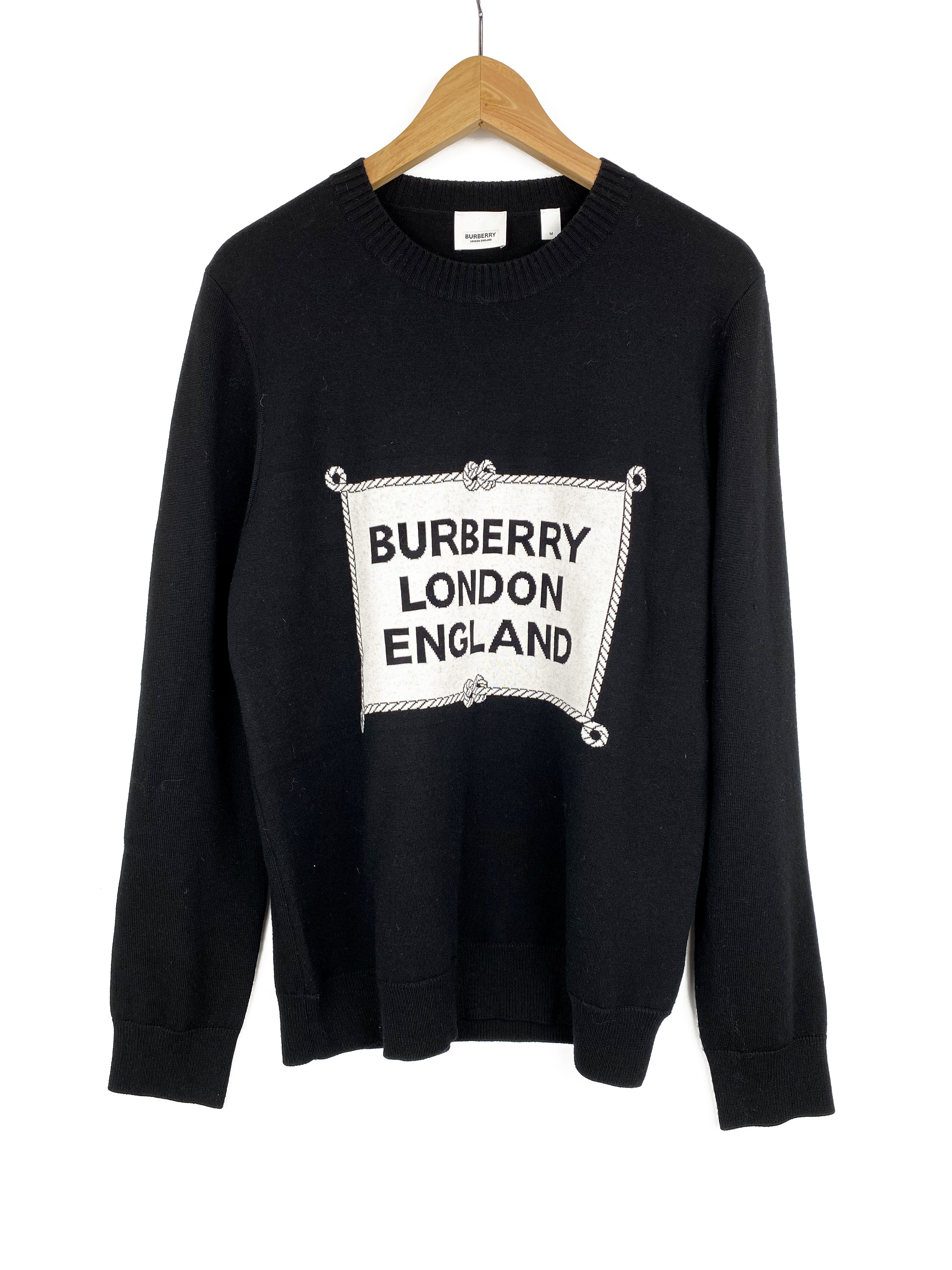 Burberry Black Intarsia Knit Sweater for Men - Premium Cashmere Crewneck Pullover for Winter & Fall Fashion