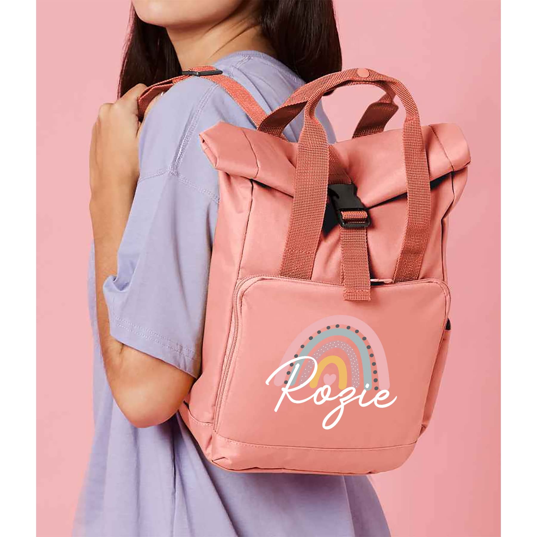 Personalized Rainbow Mini Roll Top Backpack for Girls - Toddler Preschool School Rucksack, Blush Pink Nursery Bag - Perfect for School, Travel & Daily Use as a Cute Little Girl Gift (One Size)
