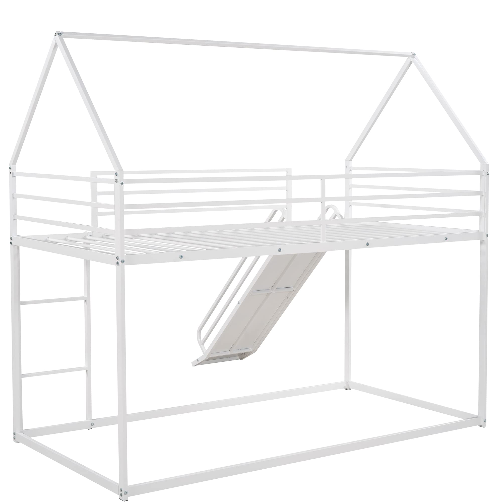 Kids Metal Bunk Beds with Slide - Twin Over Twin Low Loft House Bed for Boys & Girls - White Space-Saving Bedroom Furniture for Small Rooms & Sleepovers