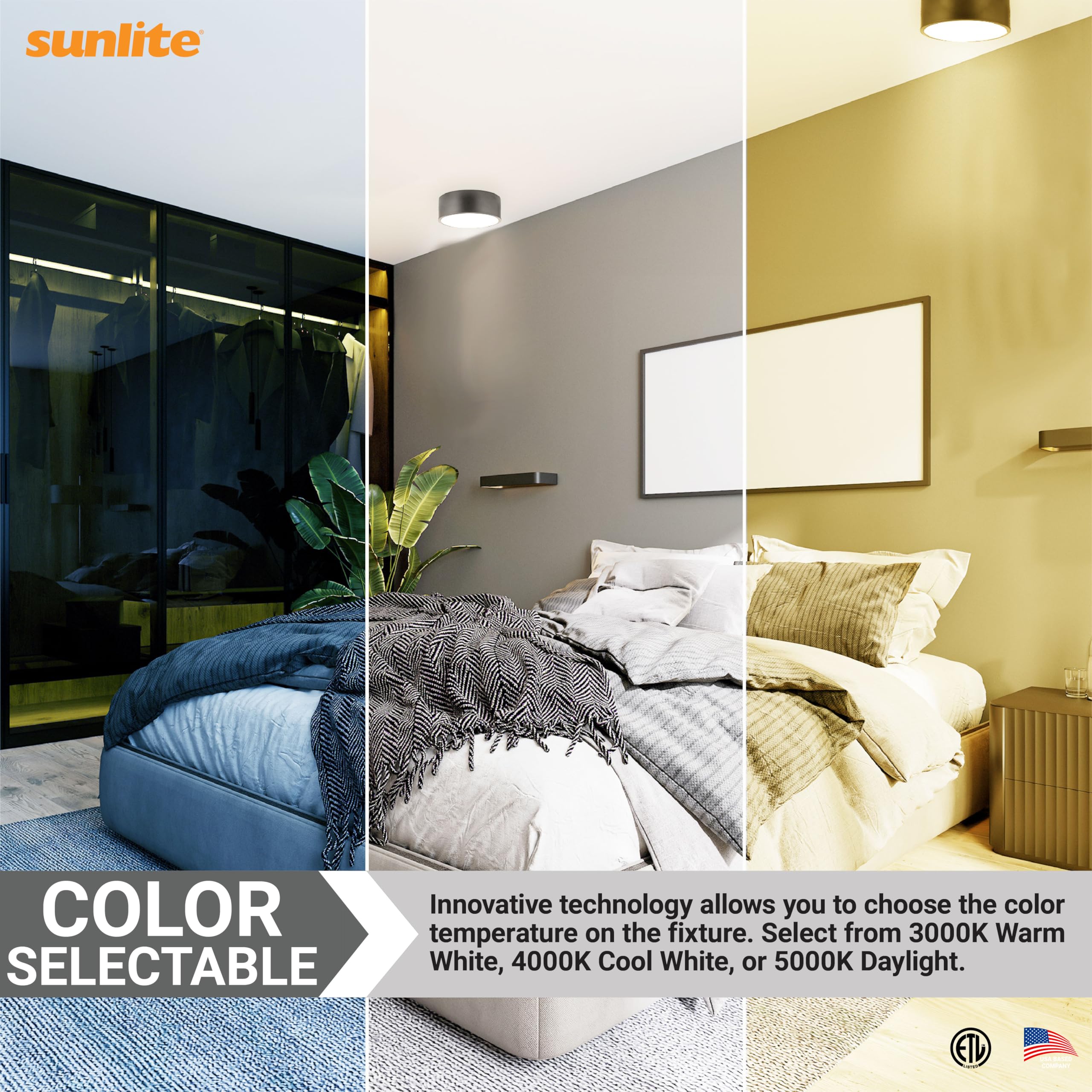 Sunlite 81377 11-Inch LED Ceiling Light Fixture - 15W (60W Equivalent), 950 Lumens, Adjustable Color Temperature (3000K/4000K/5000K), 80 CRI, Dimmable, ETL Certified - Perfect for Bedrooms, Kitchens & Office Lighting
