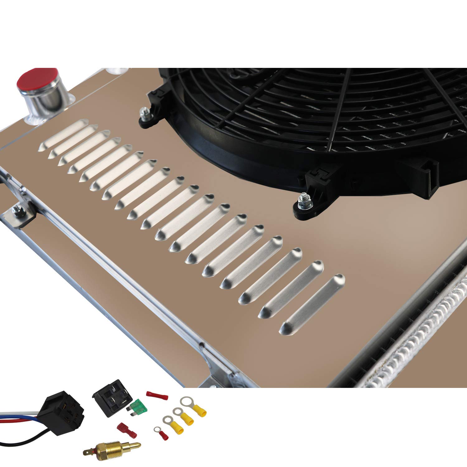 4 Row Aluminum Radiator with Fan Shroud & Relay Kit - Compatible with 1961-1966 Chevy C10 C20 C30 K10 K20 Pickup, Suburban, GMC & Pontiac Catalina - High-Performance Cooling for Classic Trucks & Restoration Projects