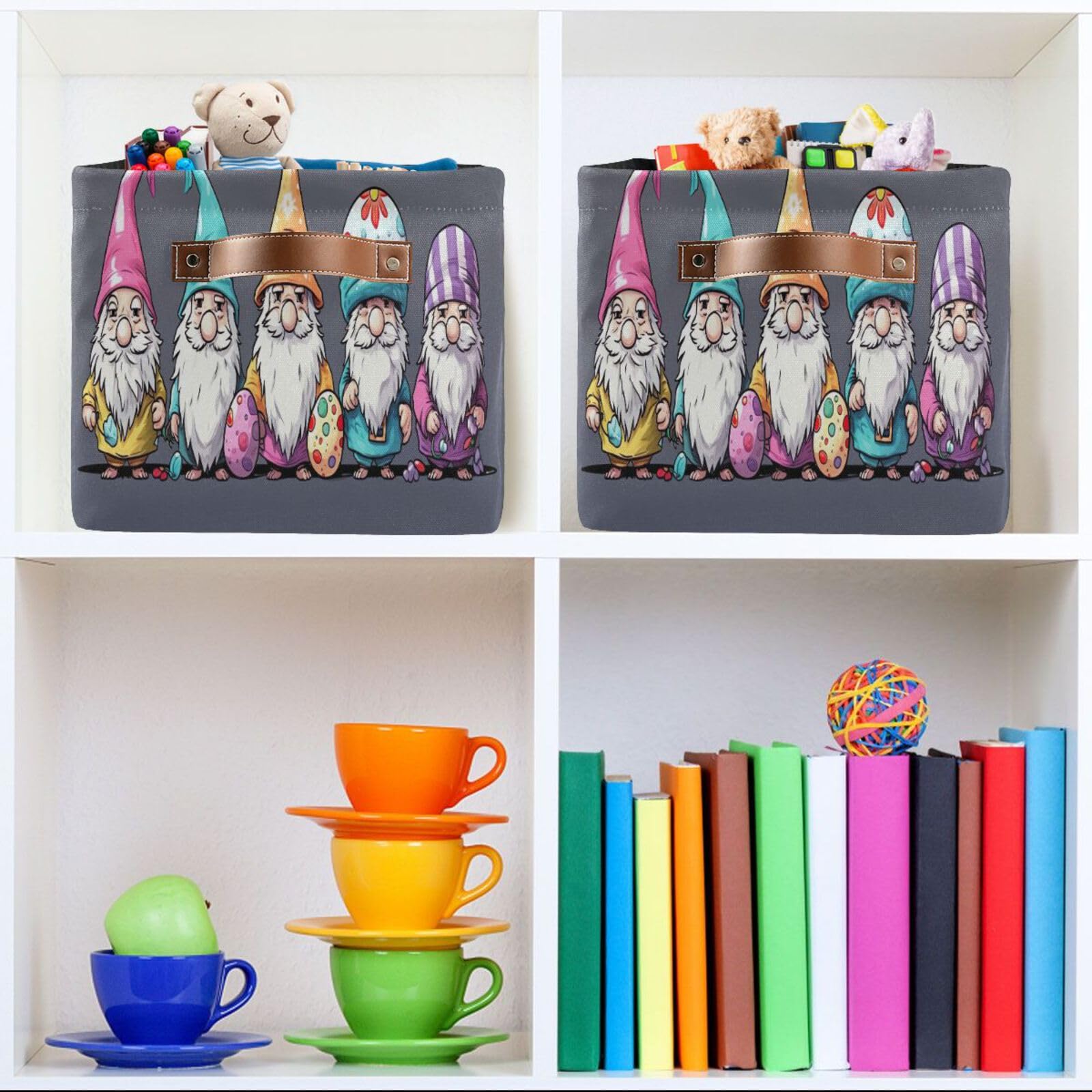 Qilmy Easter Gnome Storage Basket 2 Pack - Collapsible Canvas Rectangular Bin with Leather Handles for Closet, Office, Nursery & Home Organization | Perfect for Holiday Decor, Toy Storage & Seasonal Display