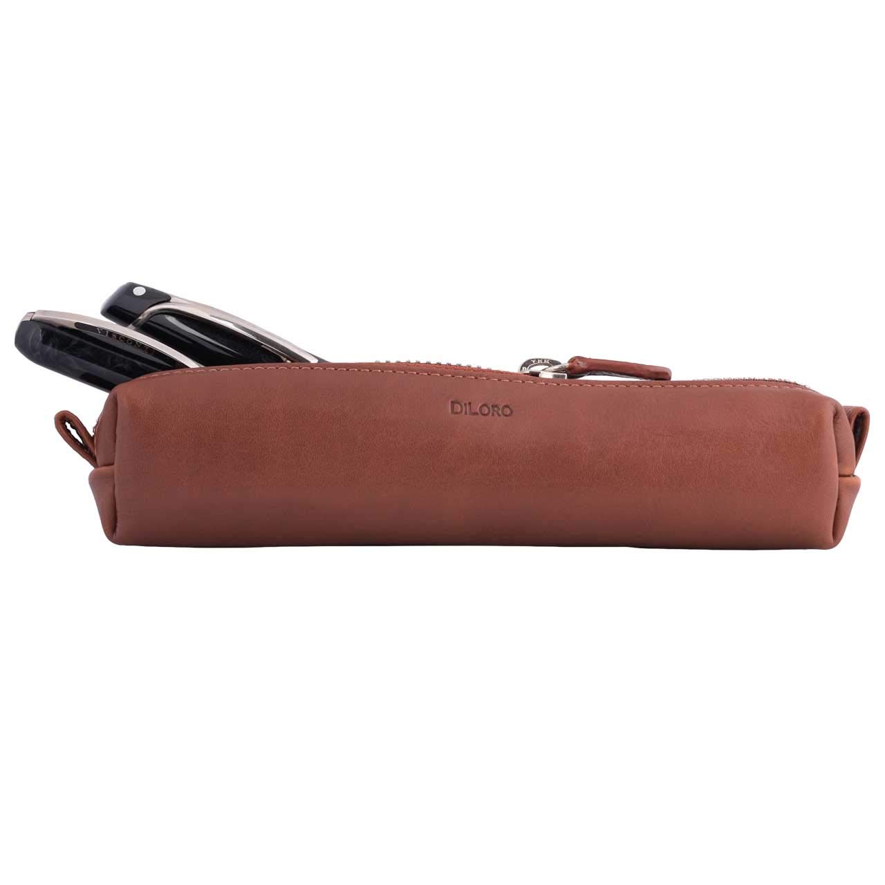 Premium Leather Pen Case - DiLoro Zippered Holder for Fountain & Ballpoint Pens - Bugatti Tan - Perfect for Office & Travel