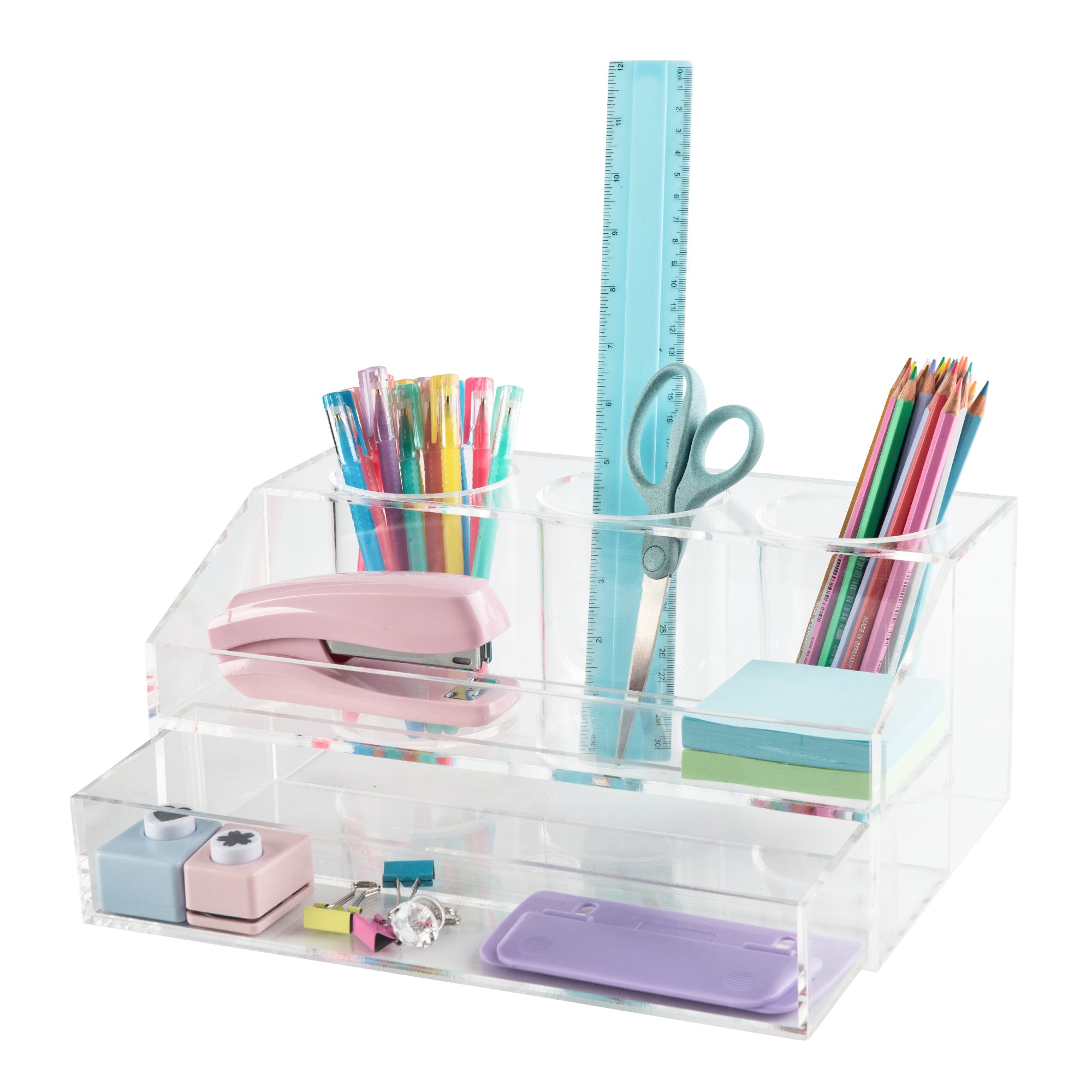 Clear Acrylic Desk Organizer with Drawer - Stylish Office & Home Storage Solution for Pens, Paper Clips, and Stationery