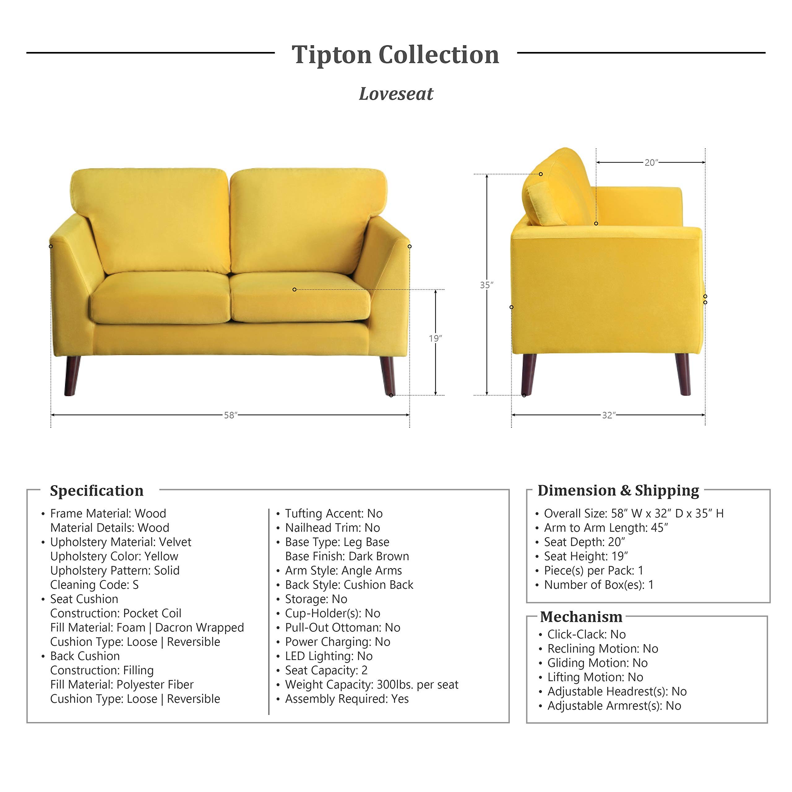 Lexicon Tipton 2-Piece Living Room Furniture Set in Yellow - Modern Sofa & Loveseat for Small Spaces, Apartments, and Cozy Living Rooms