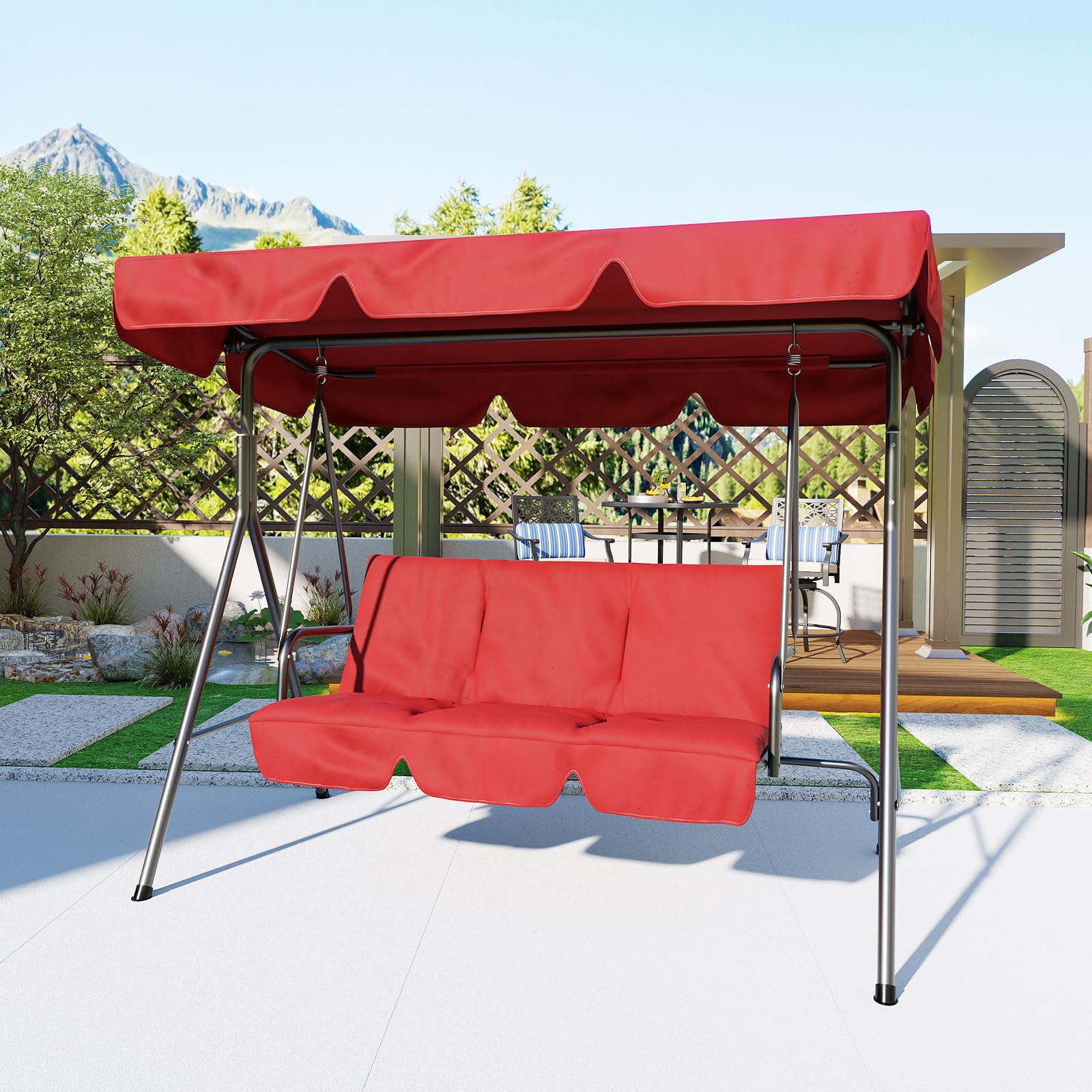 GARVEE 3-Person Patio Swing Chair with Convertible Canopy & Adjustable Tilt - Outdoor Hanging Glider Lounge for Porch, Garden, Backyard - Comfortable Red Swing for Relaxing, Reading & Enjoying Nature