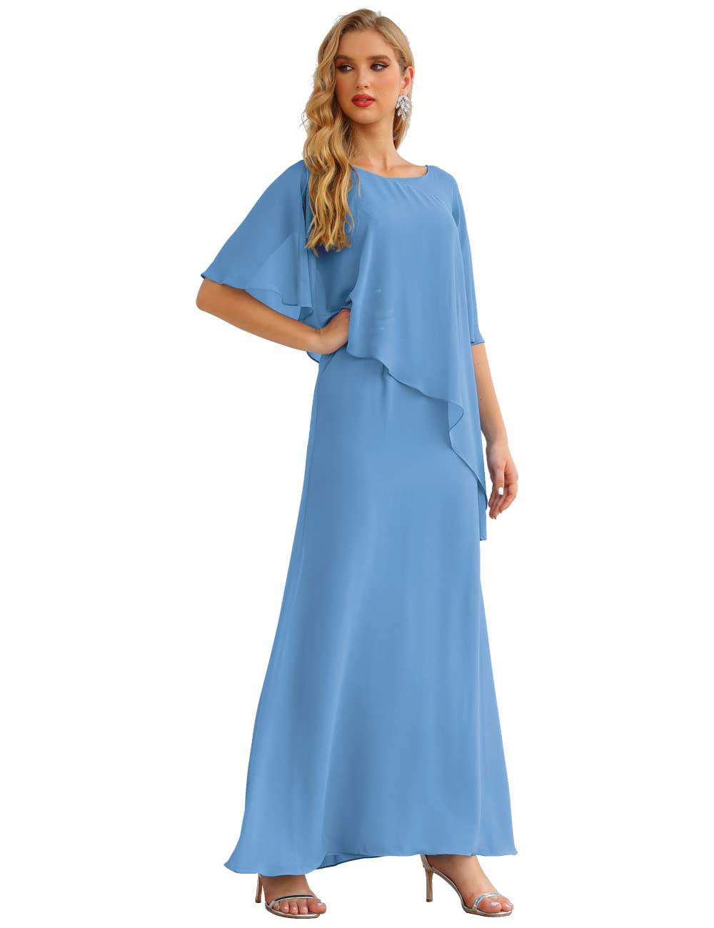 Elegant Chiffon Mother of The Bride Dress with Ruffled Cape - Formal Evening Gown in Blue, Size 14 | Perfect for Weddings, Galas & Special Occasions