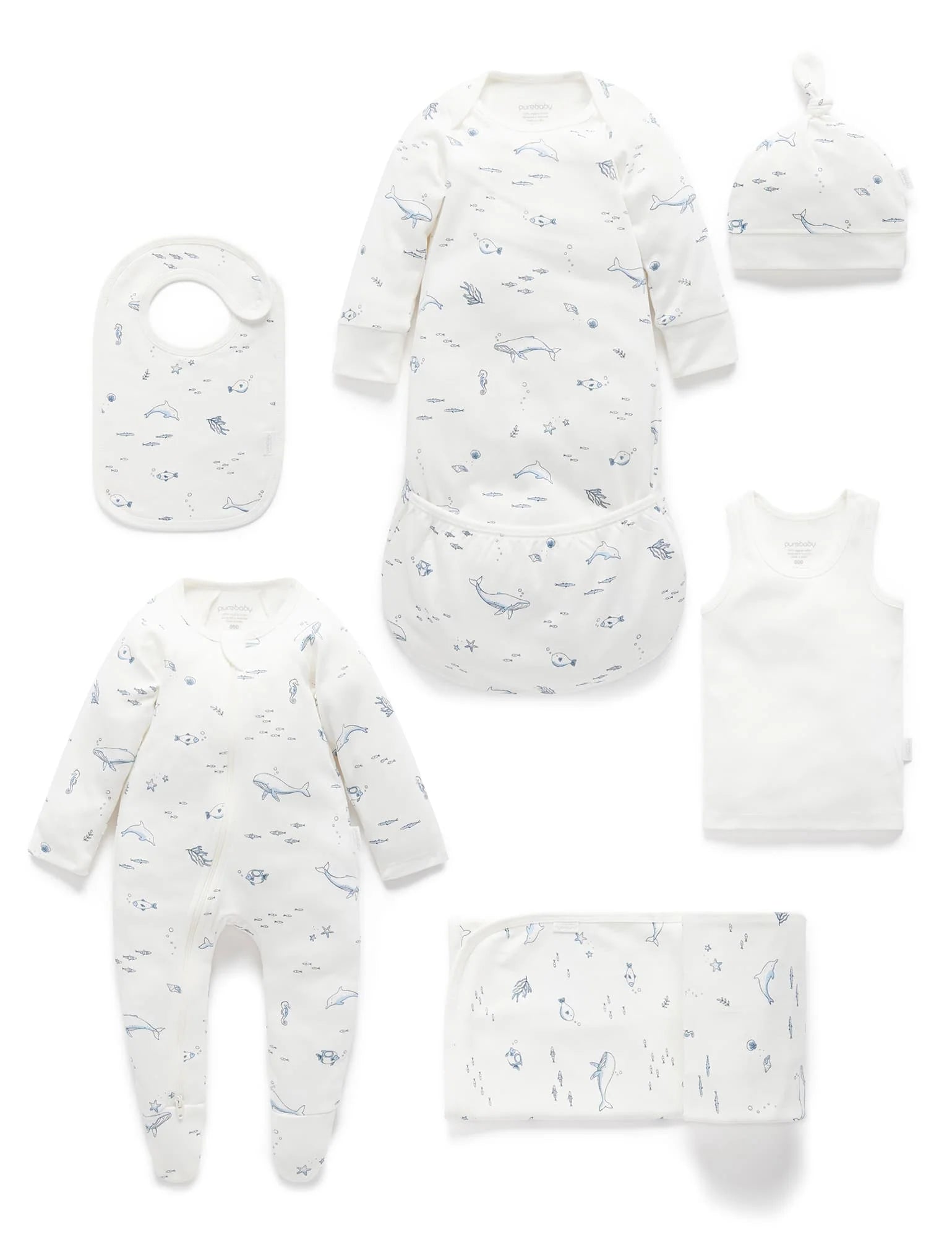 Purebaby Organic Essentials Hospital Bag - Vanilla Nautical Baby Gift Set (Value $120+) | Perfect Newborn Care Package for Expecting Moms & Baby Showers