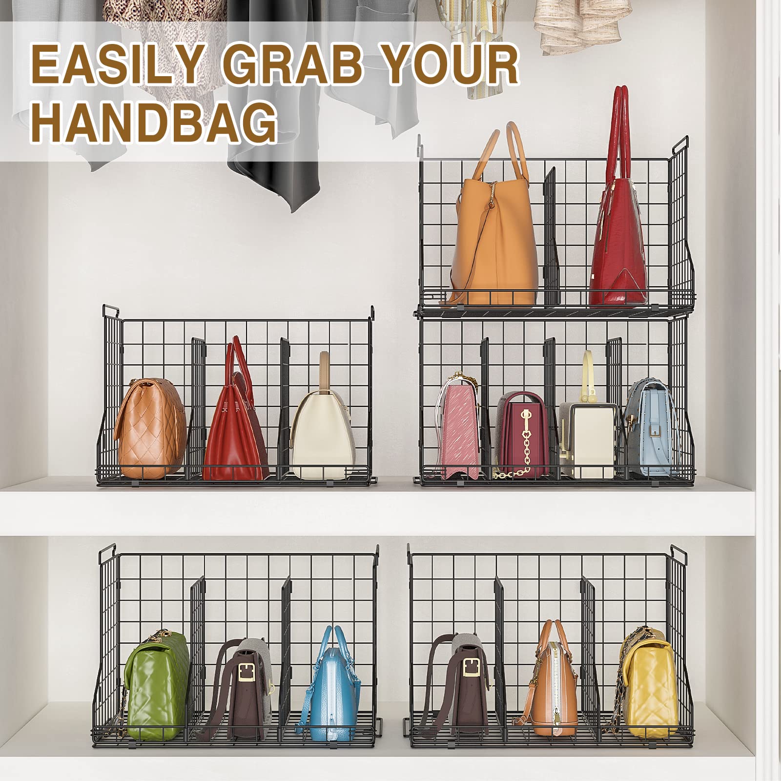 Sonyabecca Adjustable 2-Pack Stackable Wire Handbag Organizer for Closet - Purse Storage Dividers & Baskets for Handbags, Chain Bags, Clutch Bags - Black | Perfect for Open Closet Organization & Bedroom Storage