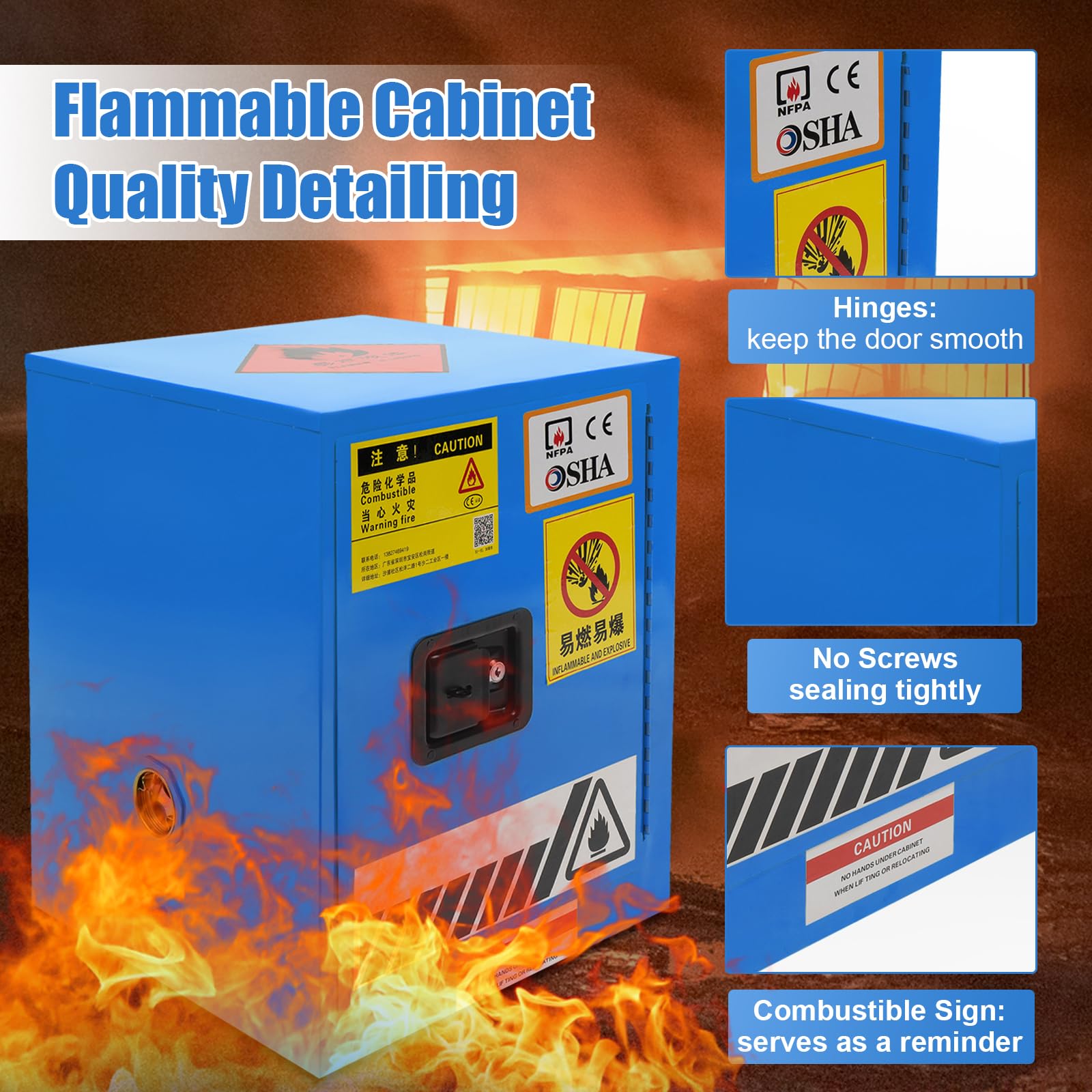 4 Gallon Hazardous Material Storage Cabinet - Fireproof & Explosion Proof Safety Cabinet for Gasoline, Chemicals | Commercial, Industrial & Home Use | Garage, Workshop, Laboratory Safety Storage (Blue)