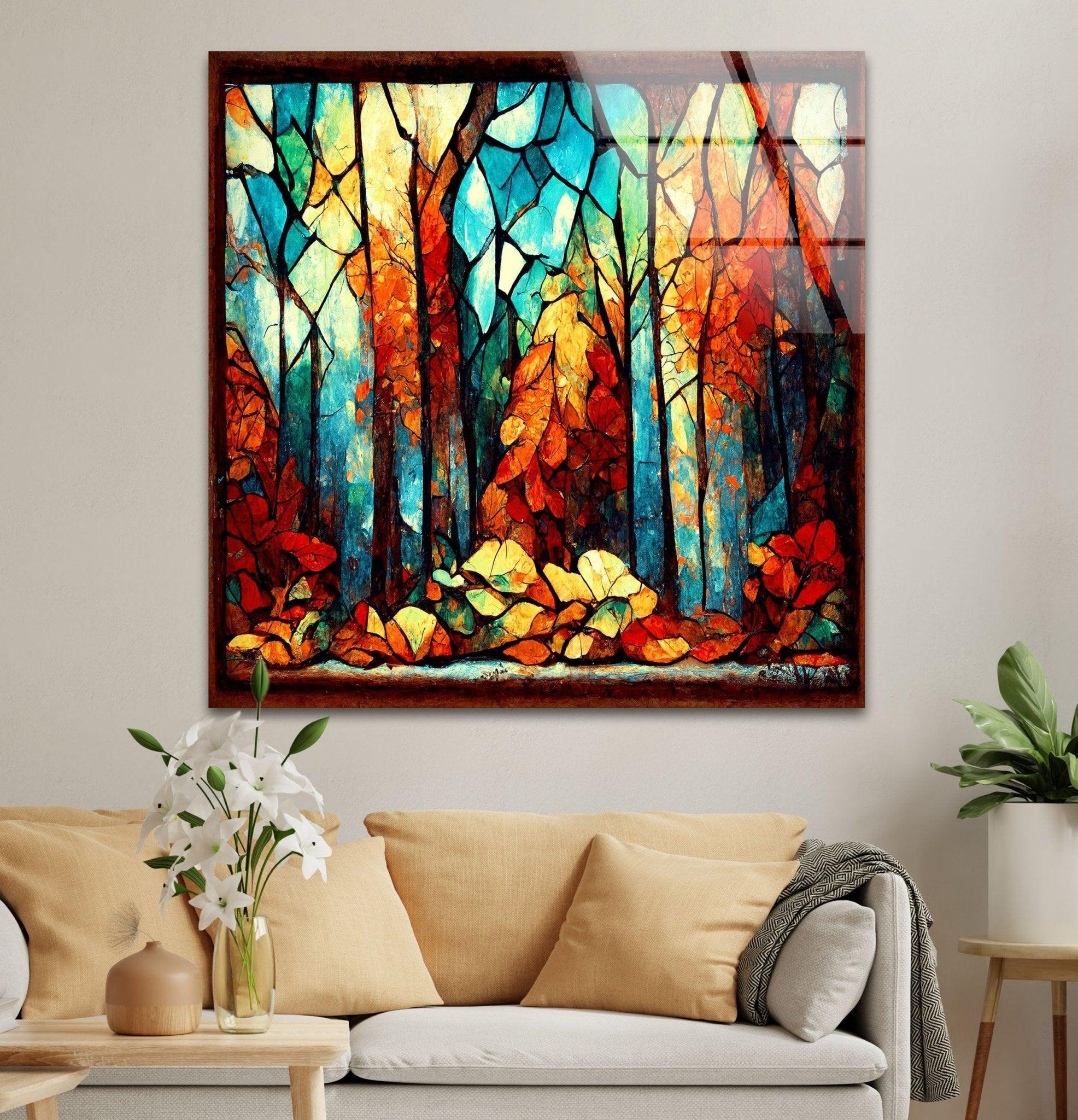 Autumn Forest Stained Glass Wall Art - Handmade Nature Inspired Window Hanging Decor for Living Room, Bedroom & Office - Perfect for Home Decor, Gifts & Meditation Spaces