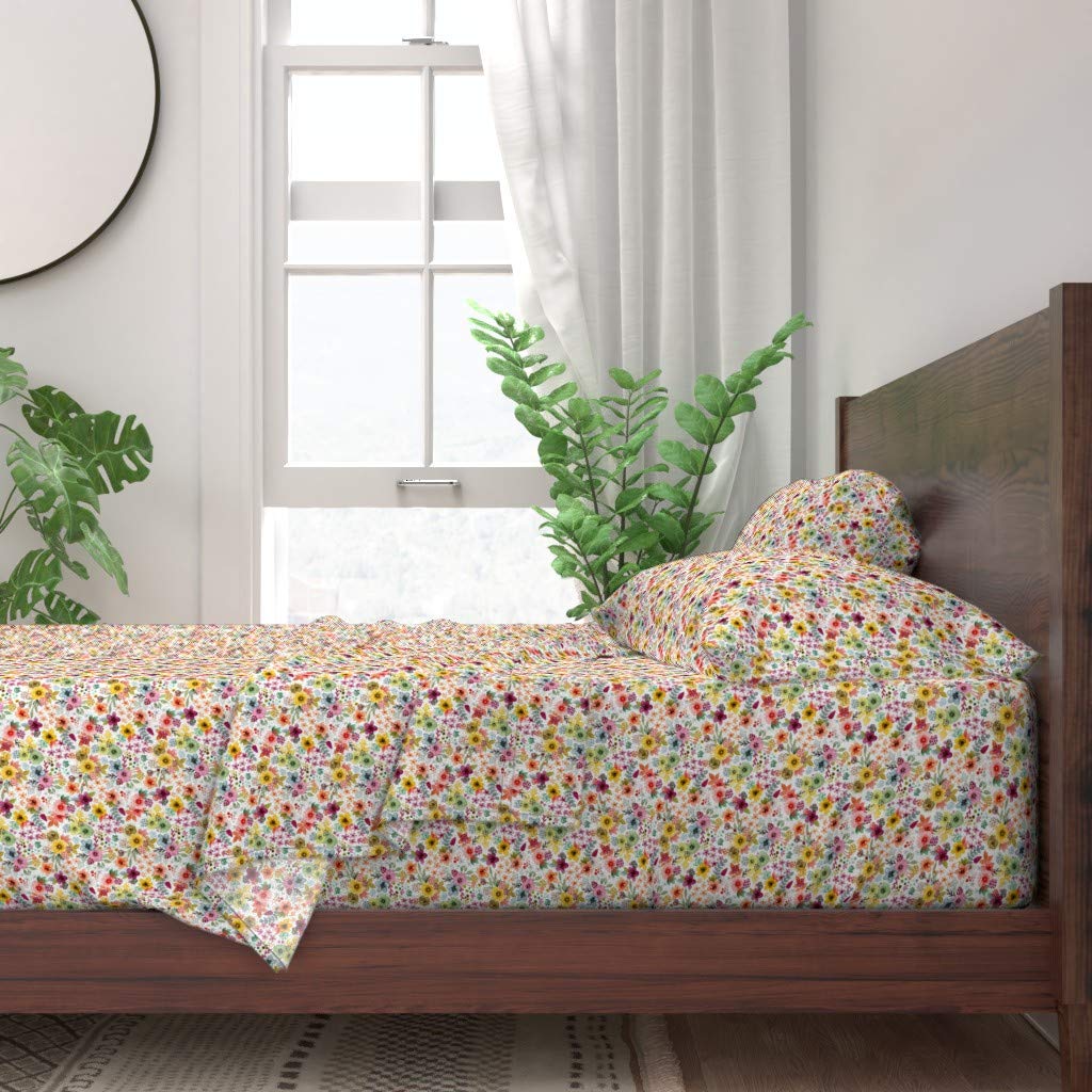 Spoonflower 100% Cotton Twin Size 3-Piece Bed Sheet Set - Spring Floral White Small Angel Flowers Tropical Watercolor Print Custom Bedding for Comfortable Sleep & Home Decor