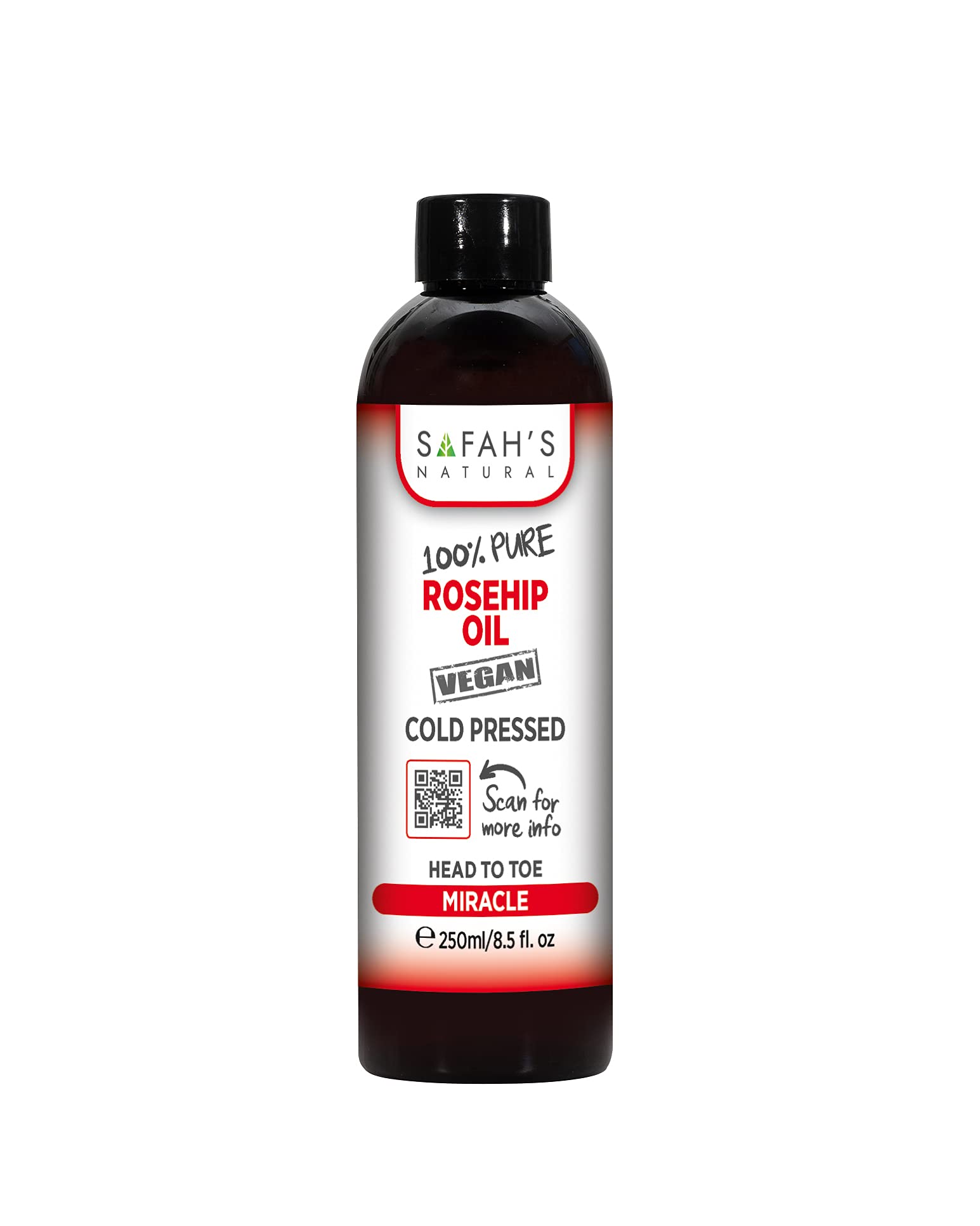 Safah’s Natural 100% Pure Cold-Pressed Unrefined Rosehip Seed Oil for Face, Skin & Hair – Rich in Vitamin A & C, Hydrates & Reduces Fine Lines, Wrinkles, Scars – 250ml – Perfect for Daily Skincare, Anti-Aging & Hair Treatment
