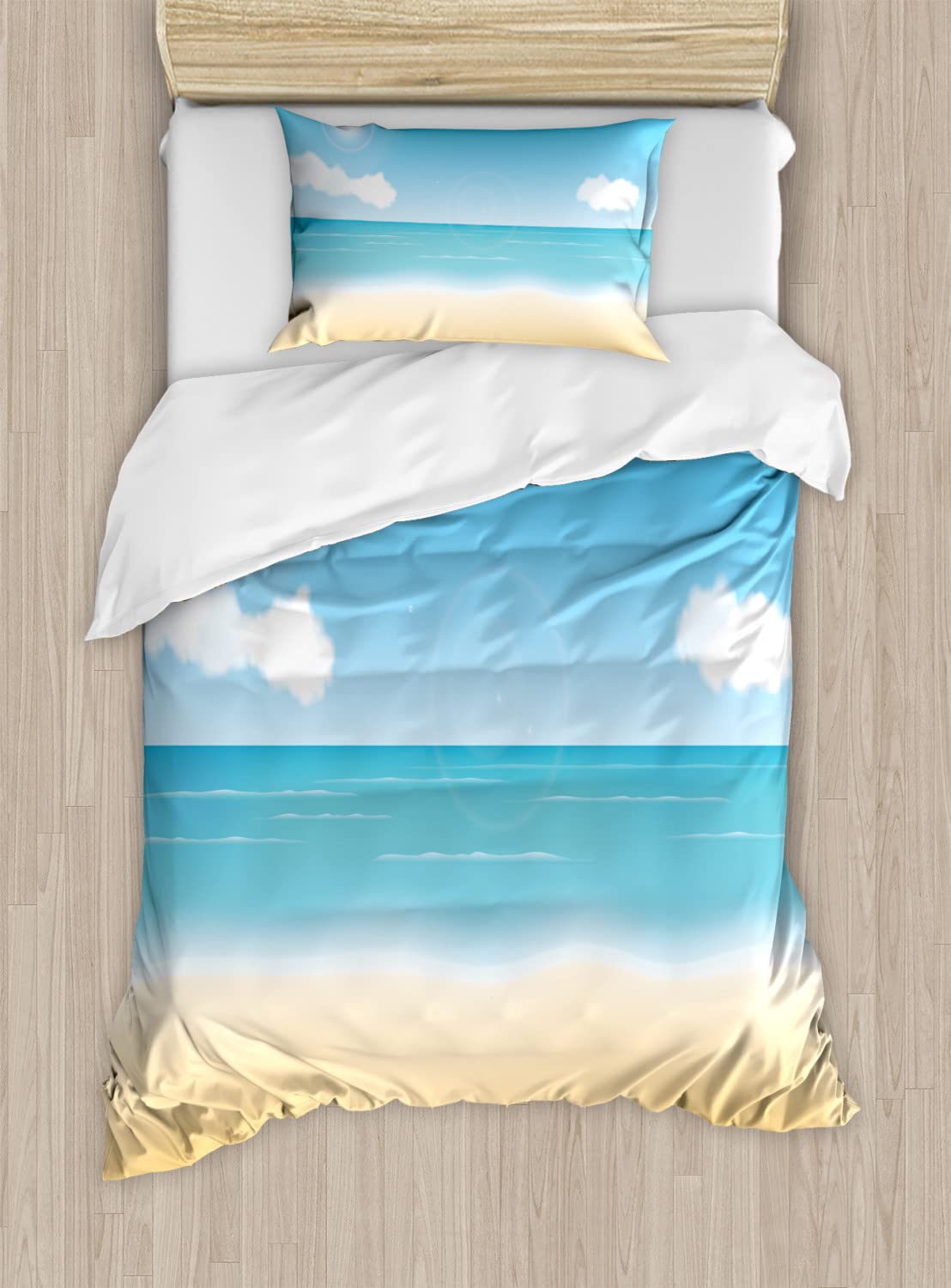 Ambesonne Beach Duvet Cover Set - Seascape with Sunny Sky & Clouds Design | Summer Relaxation Bedding | 2 Twin Size Duvet Covers & 2 Pillowcases (Sand Brown & Sky Blue) | Perfect for Coastal Bedrooms, Vacation Homes & Summer-Themed Decor