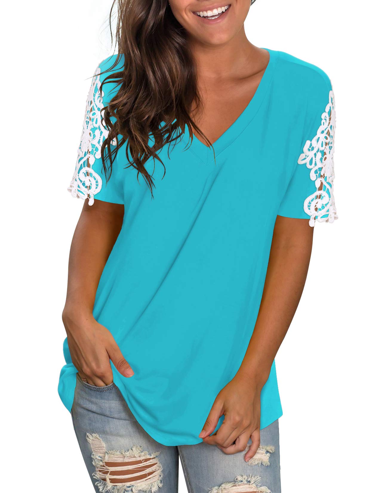 NIASHOT Women's V-Neck Short Sleeve Lace T-Shirt - Casual Summer Blouse for Women - Perfect for Daily Wear, Office, Dating & Vacation Outfits