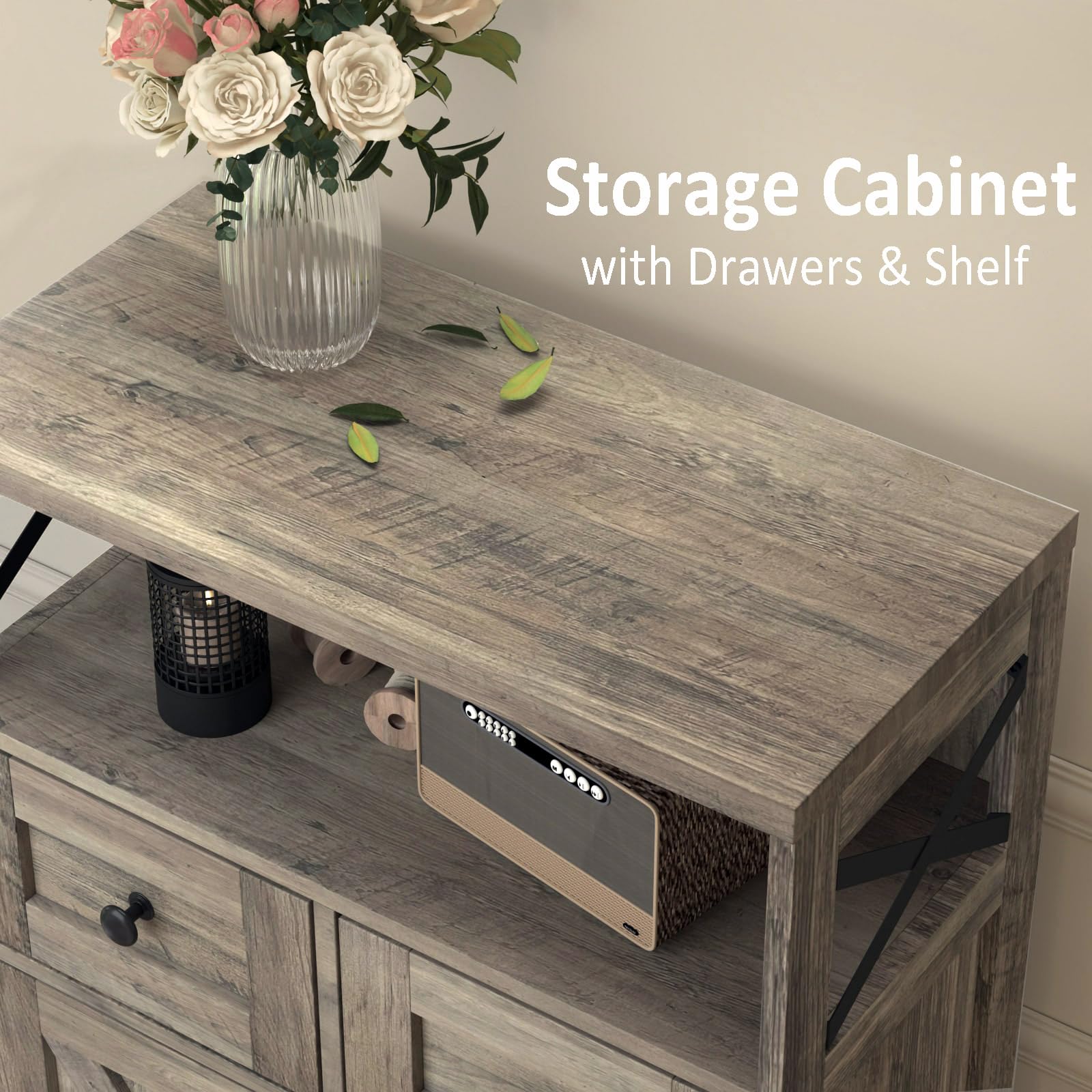 Rustic Grey Farmhouse Storage Cabinet with Drawers & Shelf - Freestanding Kitchen Pantry Organizer, Floor Cabinet Hutch for Home Office & Living Room - Perfect for Kitchen Storage, Home Organization & Farmhouse Decor