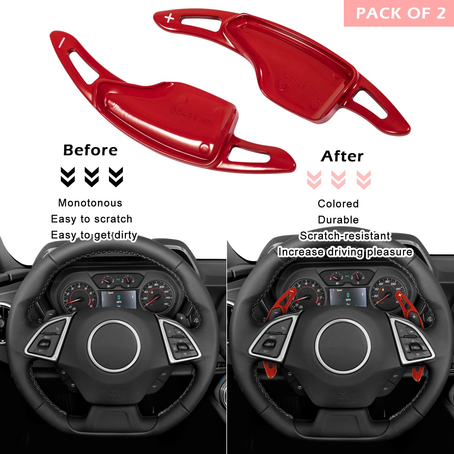 High-Quality Red Aluminum Steering Wheel Paddle Shifter Extension Cover Trim - Interior Accessories for 2016-2022 Chevrolet Camaro & 2014-2019 Corvette C7 - Easy Installation & Enhanced Driving Experience