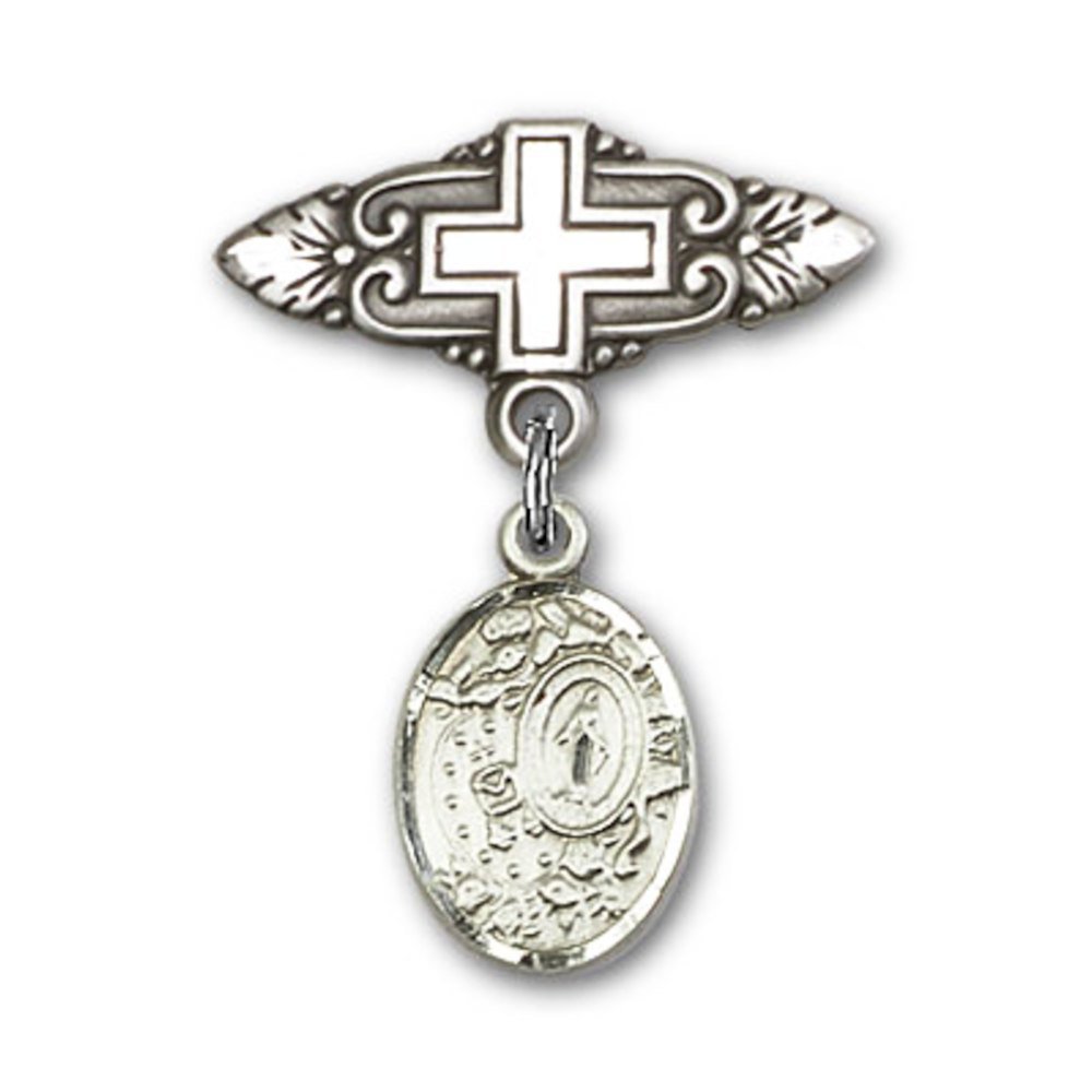 Bonyak Jewelry Saint Medal Collection - Sterling Silver Baby Badge with Miraculous Charm & Cross Pin (1 X 3/4 inches) - Perfect for Baptism Gifts, First Communion, and Religious Jewelry