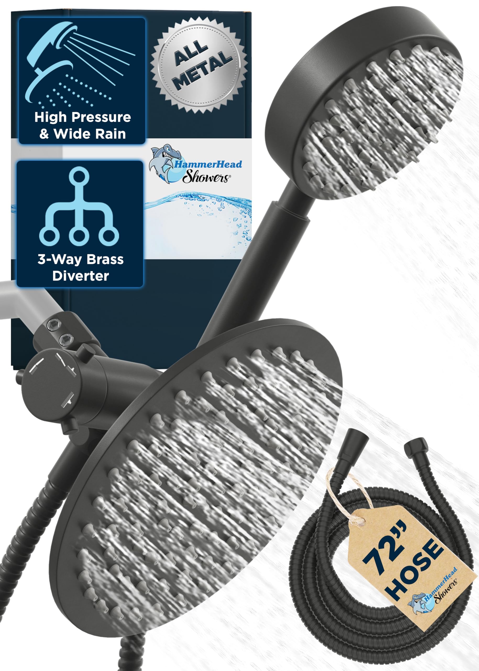 HammerHead Showers® ALL METAL Dual Shower Head Combo - 8 Inch Rainfall & Handheld Shower Head Set - High Pressure Matte Black Finish - 6ft Hose - Perfect for Luxury Bathroom & Spa-Like Experience