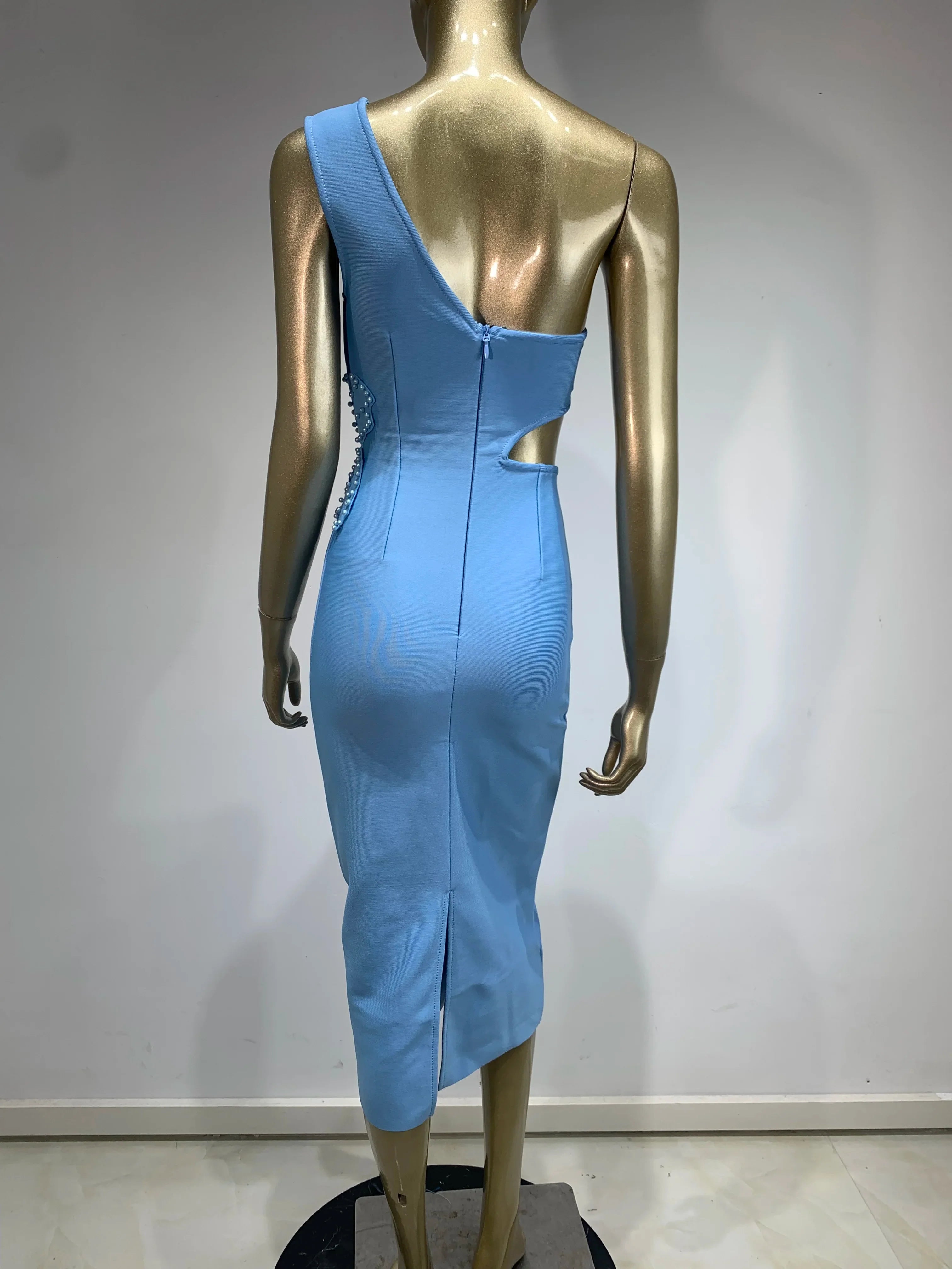 Sexy One Shoulder Bandage Dress for Women - Sky Blue Floral Midi Bodycon Dress for Evening, Club, Party & Celebrity Events | Elegant & Stylish Night Out Outfit