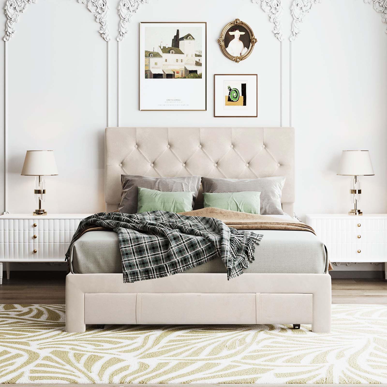 Full Size Upholstered Platform Bed Frame with Storage Drawer - Velvet Fabric Headboard & Wooden Slats Support - No Box Spring Needed - Beige Luxury Bedroom Furniture for Master Bedroom, Guest Room or Apartment
