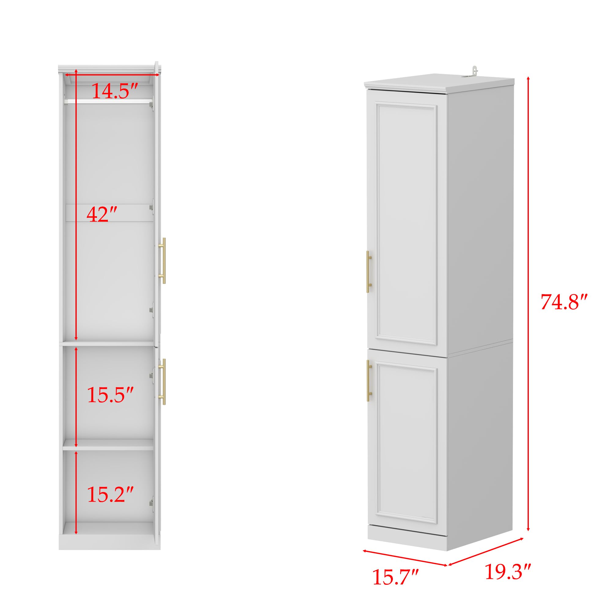 Hitow 2 Door Wardrobe Armoire Closet - Slim Narrow Storage Cabinet with 3 Shelves & Hanging Rod, Modern Clothes Organizer for Bedroom, White (15.7