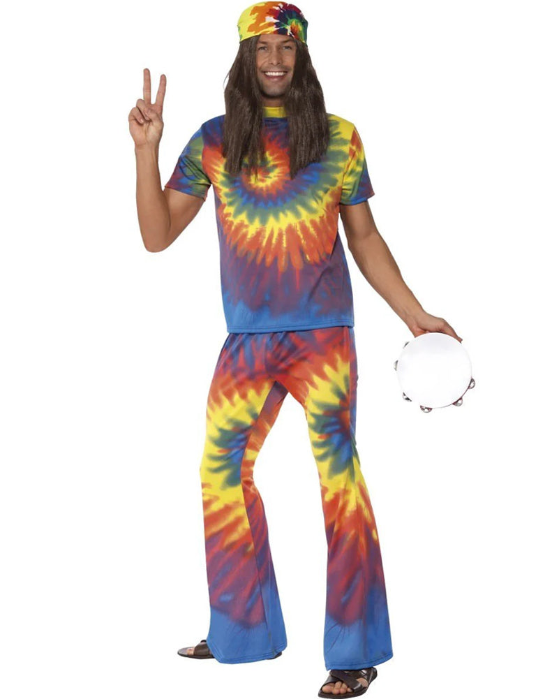 Vibrant 60s Rainbow Tie Dye Men's Costume - Hippie Outfit for Halloween, Theme Parties & Music Festivals