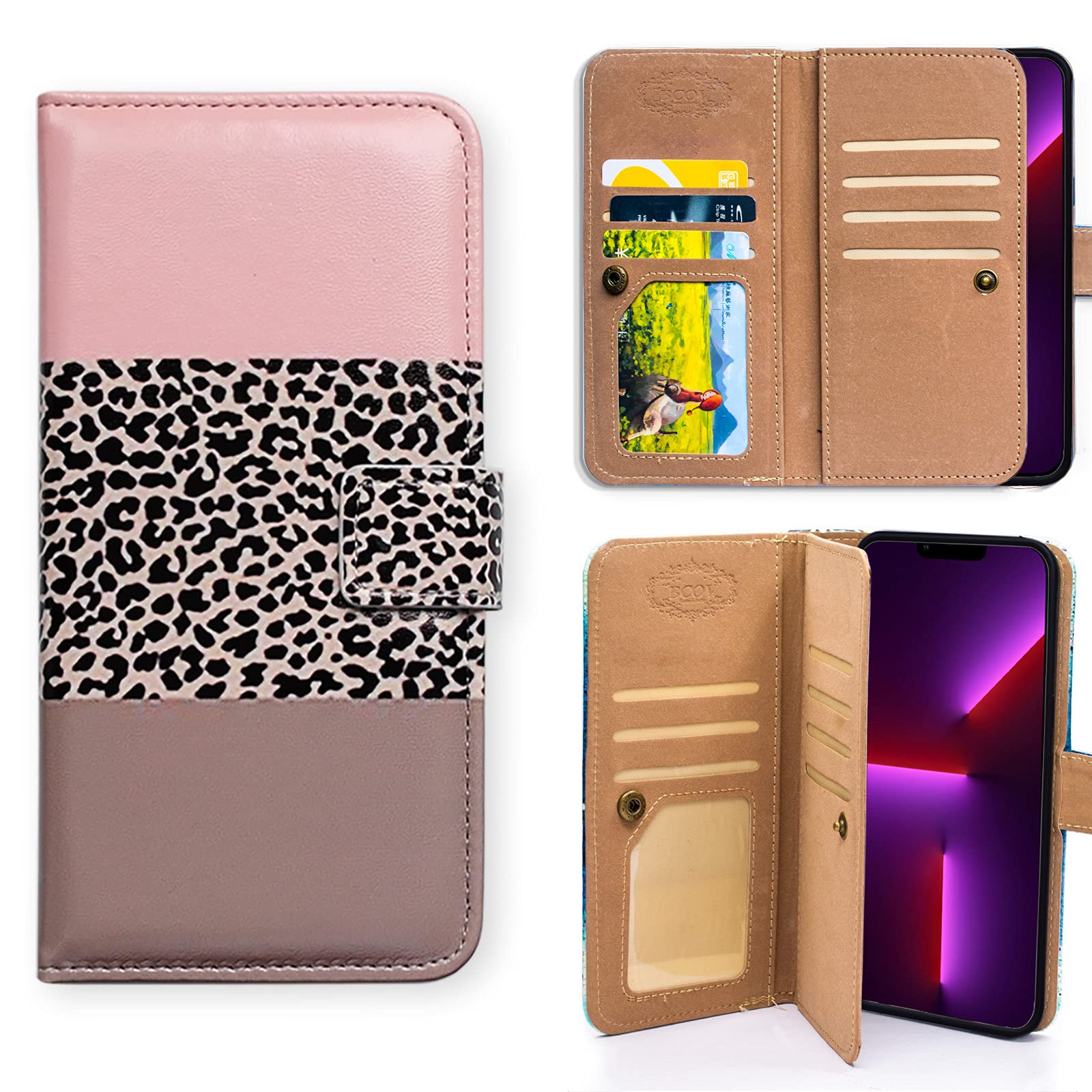 Premium iPhone 13 Pro Max Wallet Case - BCOV Black Leopard & Pink Genuine Leather Flip Cover with Card Slots, Wrist Strap & Kickstand | Slim Protective Phone Case for Women & Men | Perfect for Travel, Shopping & Daily Use